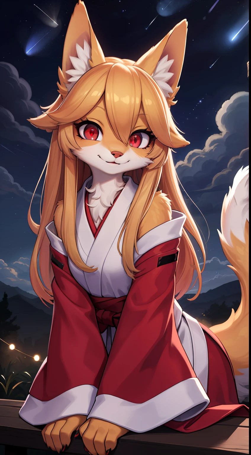 Fox girl, furry, furry, golden fur, golden face fur, long golden hair, eyes with light, red eyes, super cute face, brown elements on fur, miko, beautiful lights and shadows, ambient light, super fine fur, volumetric light, night, clouds and stars in the sky, starry sky outside, shooting stars, natural lighting, smile, fluffy tail, color contact lenses, bright pupils
