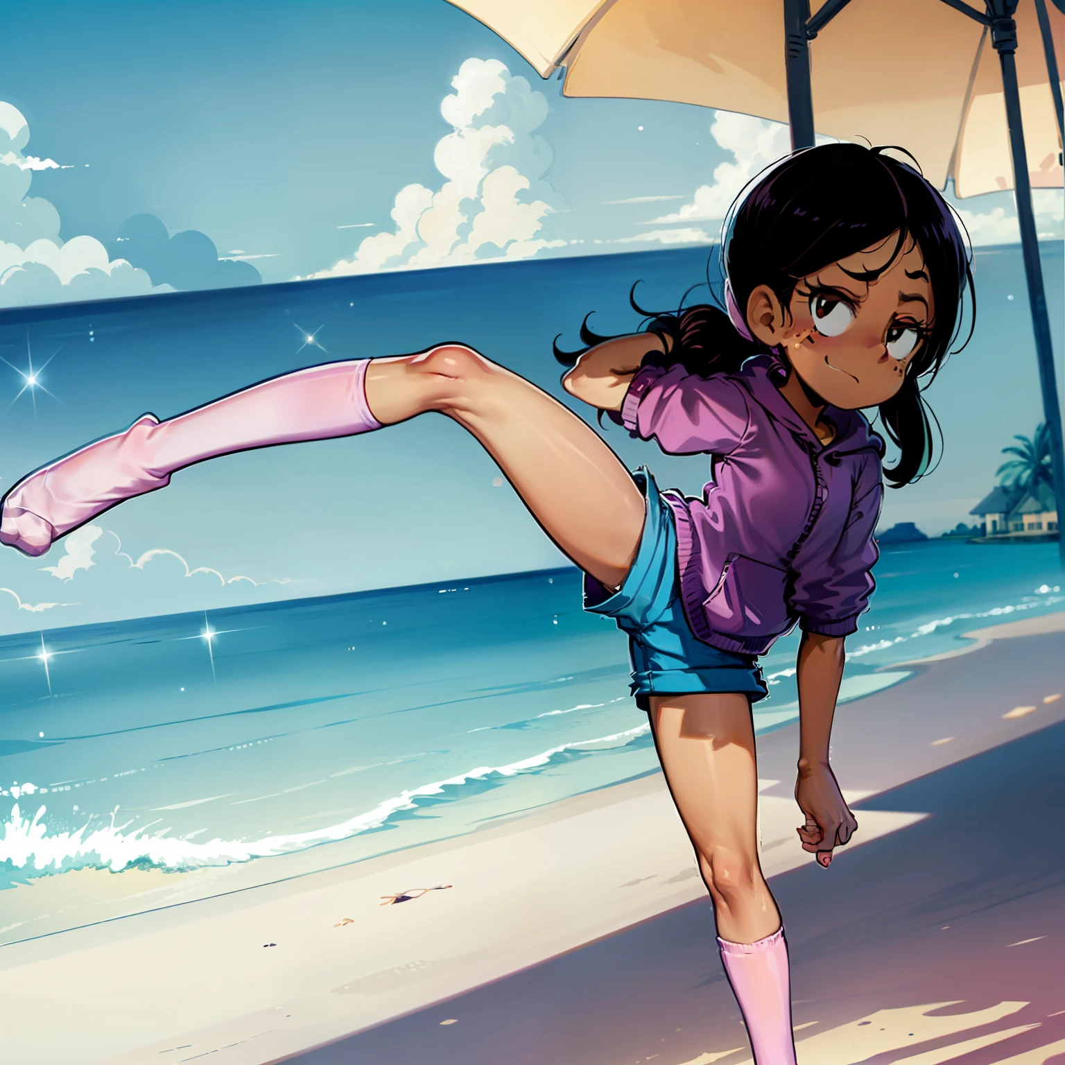 Ronnie Anne, hoodie, shorts, black eyes, ponytail, tanned skin, cuerpo completo, brazos curvilineos, piernas definidas, hermosa, pose, in the beach, long socks