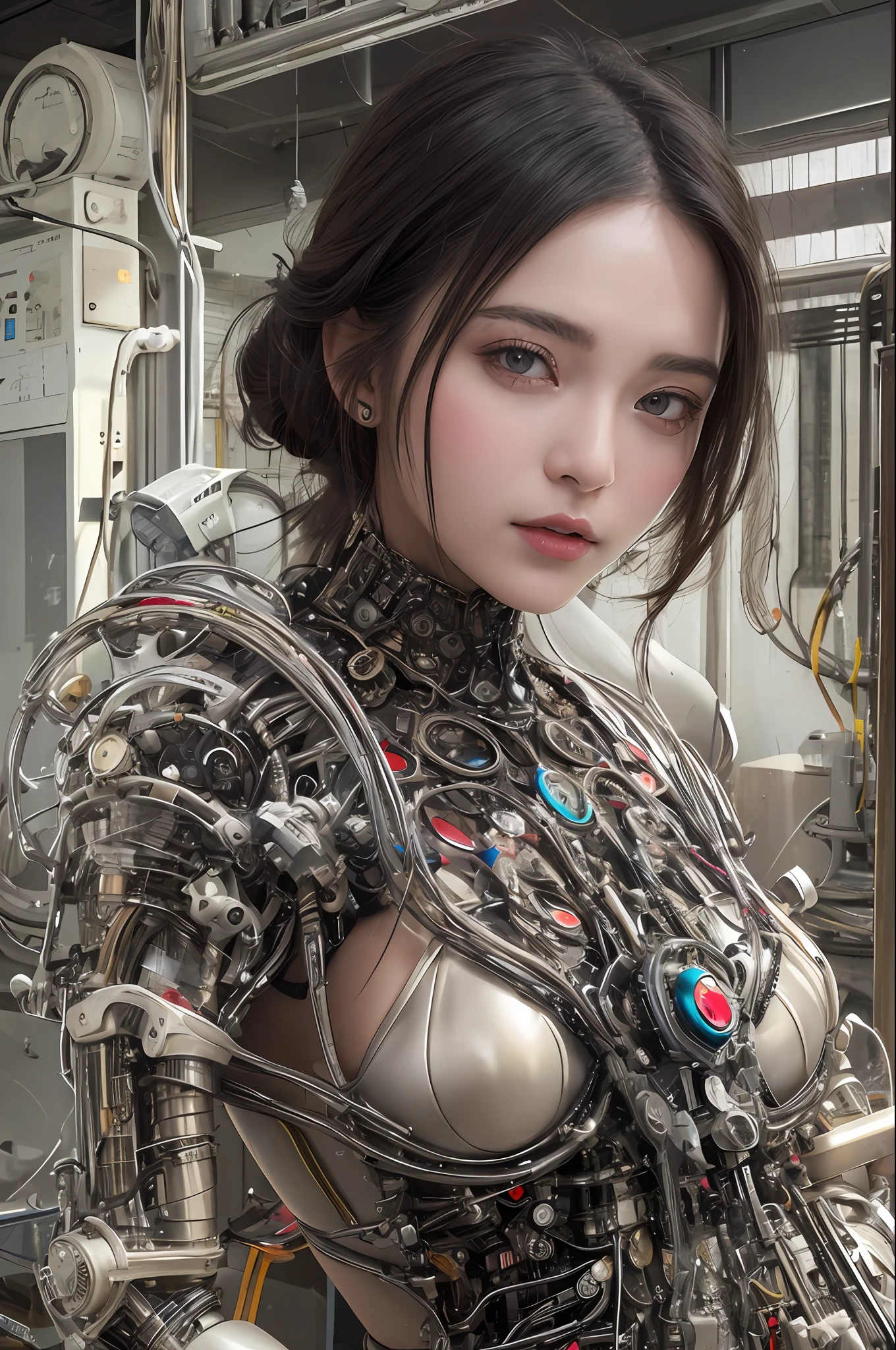 Top Quality, Masterpiece, Ultra High Resolution, (Photorealistic: 1.4), Raw Photo, 1 Girl, Black Hair, Glossy Skin, 1 Mechanical Girl, (Ultra Realistic Details)), Portrait, Global Illumination, Shadows, Octane Rendering, 8K, Ultra Sharp, Glossy Skin, Realistic Skin, Big, Cleavage Exposed Raw Skin, Metal, Intricate Ornaments Details, steampunk details, very intricate details, realistic light, CGSoation trends, purple eyes, glowing eyes, facing the camera, neon details, mechanical limbs, blood vessels connected to tubes, mechanical vertebrae attached to the back, mechanical cervical attachment to the neck, sitting, wires and cables connecting to the head, analog meters, pressure gauges, vacuum tubes, gears, Small LED lamp, background is a futuristic server room,