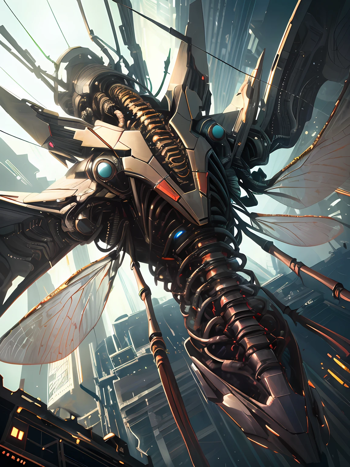 Dragonfly spaceship flying, ((super realistic details)), dragonfly, global illumination, shadows, octane, 8k, super sharp, metallic, complex, detailed ornamental, cool colors, cyberpunk details, highly complex details, realistic light, CGsociety trends, insect eyes, neon details, mechanical limbs, xenomorph dragonfly, blood vessels attached to tubes, mechanical vertebrae attached to the back, chitauri marvel ship, flying, wires and wires attached to the head,  (neon green blood), (black armor), (transparent bone), star cluster in the background