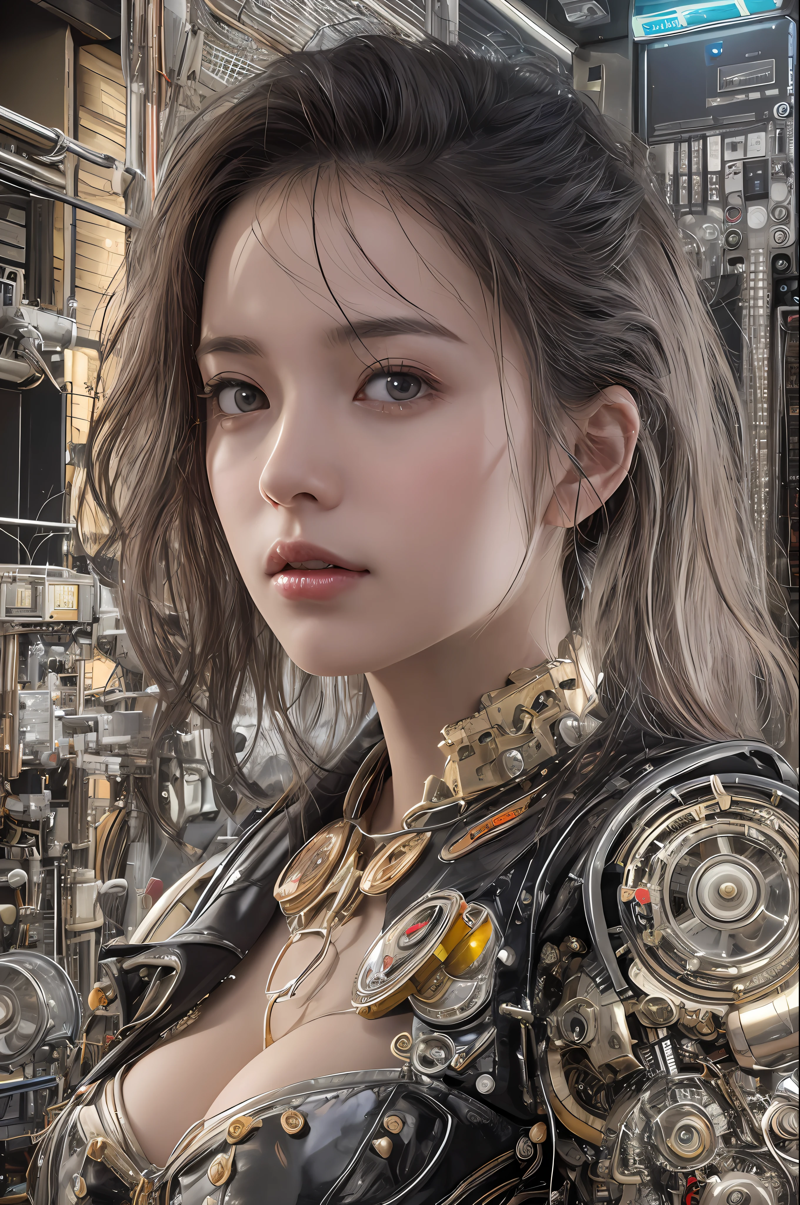 Top Quality, Masterpiece, Ultra High Resolution, (Photorealistic: 1.4), Raw Photo, 1 Girl, Black Hair, Glossy Skin, 1 Mechanical Girl, (Ultra Realistic Details)), Portrait, Global Illumination, Shadows, Octane Rendering, 8K, Ultra Sharp, Glossy Skin, Realistic Skin, Big, Cleavage Exposed Raw Skin, Metal, Intricate Ornaments Details, steampunk details, very intricate details, realistic light, CGSoation trends, purple eyes, glowing eyes, facing the camera, neon details, mechanical limbs, blood vessels connected to tubes, mechanical vertebrae attached to the back, mechanical cervical attachment to the neck, sitting, wires and cables connecting to the head, analog meters, pressure gauges, vacuum tubes, gears, Small LED lamp, background is a futuristic server room,