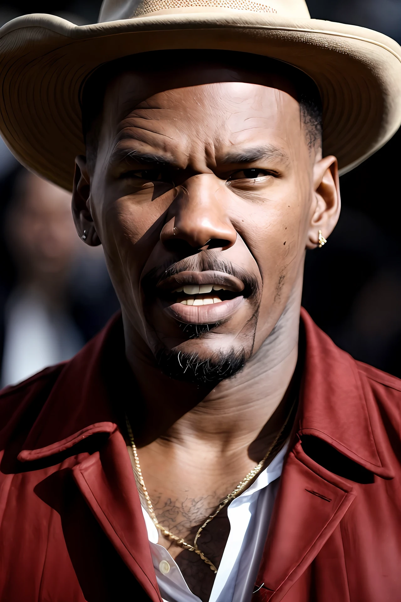 Jamie Foxx, (with angry expression), wearing western clothes, (inspired by the movie Djando free) RAW photo, in western clothes, natural skin, 8k uhd, high quality, film grain, Fujifilm XT3