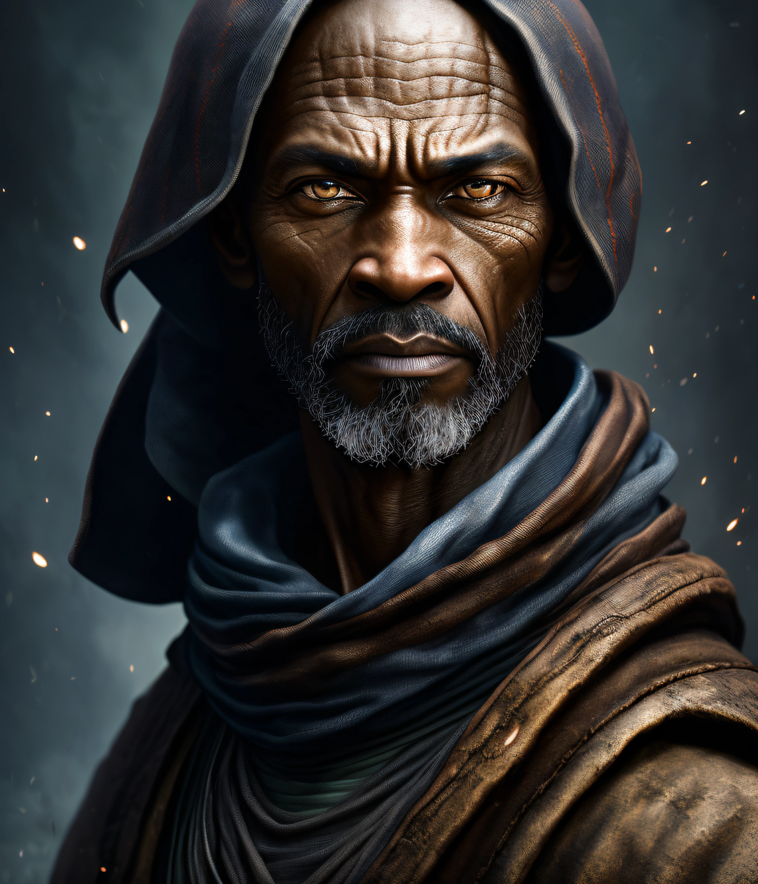 an old mulatto jedi knight, 40 years old, strength and determination in his eyes, looking at the 50 mm camera, diffused light, rebellious republic environment, award-winning magazine cover photo, hyper detailed
