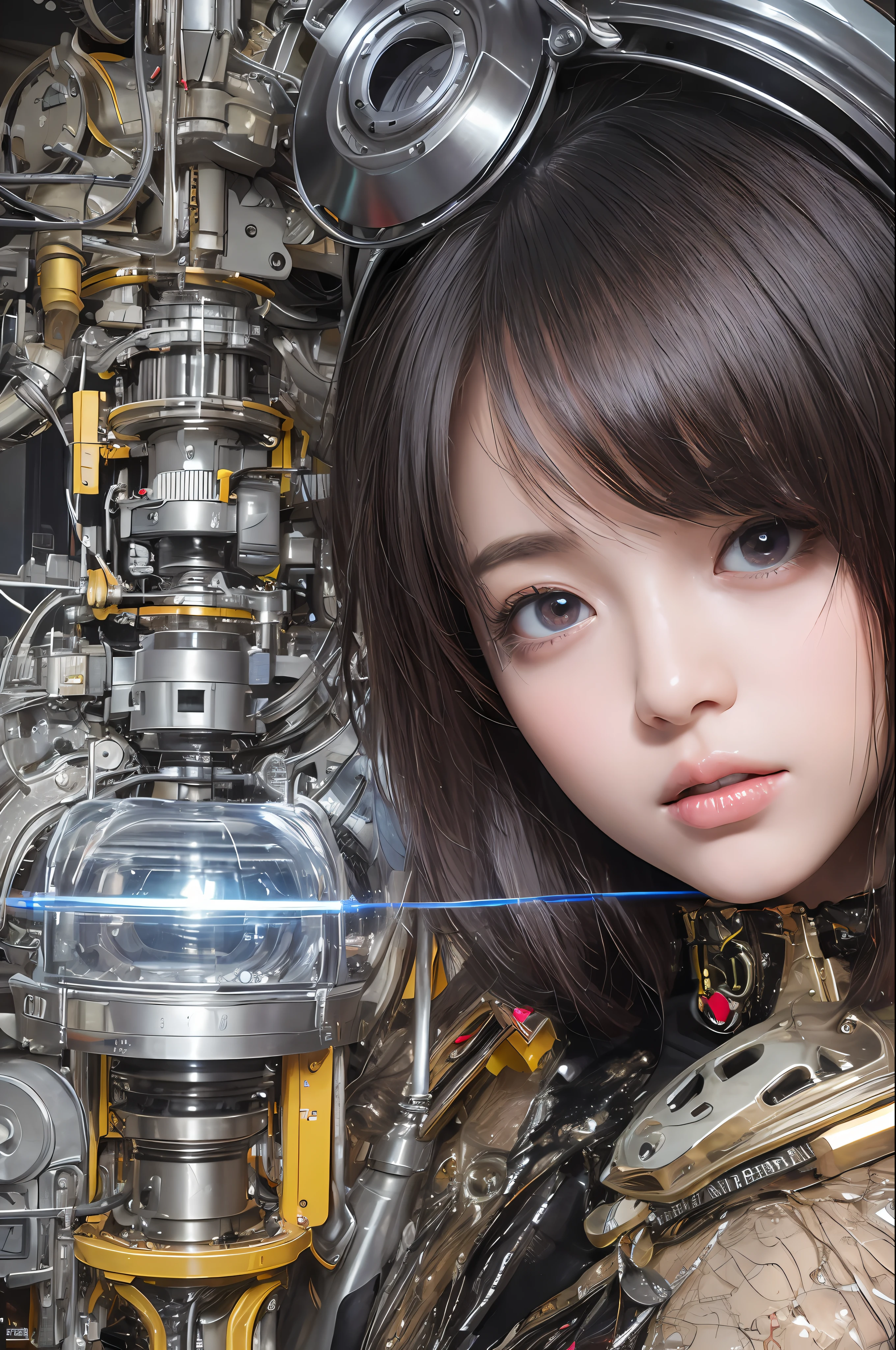 Top Quality, Masterpiece, Ultra High Resolution, (Photorealistic: 1.4), Raw Photo, 1 Girl, Black Hair, Glossy Skin, 1 Mechanical Girl, (Ultra Realistic Details)), Portrait, Global Illumination, Shadows, Octane Rendering, 8K, Ultra Sharp, Glossy Skin, Realistic Skin, Big, Cleavage Exposed Raw Skin, Metal, Intricate Ornaments Details, steampunk details, very intricate details, realistic light, CGSoation trends, purple eyes, glowing eyes, facing the camera, neon details, mechanical limbs, blood vessels connected to tubes, mechanical vertebrae attached to the back, mechanical cervical attachment to the neck, sitting, wires and cables connecting to the head, analog meters, pressure gauges, vacuum tubes, gears, Small LED lamp, background is a futuristic server room,
