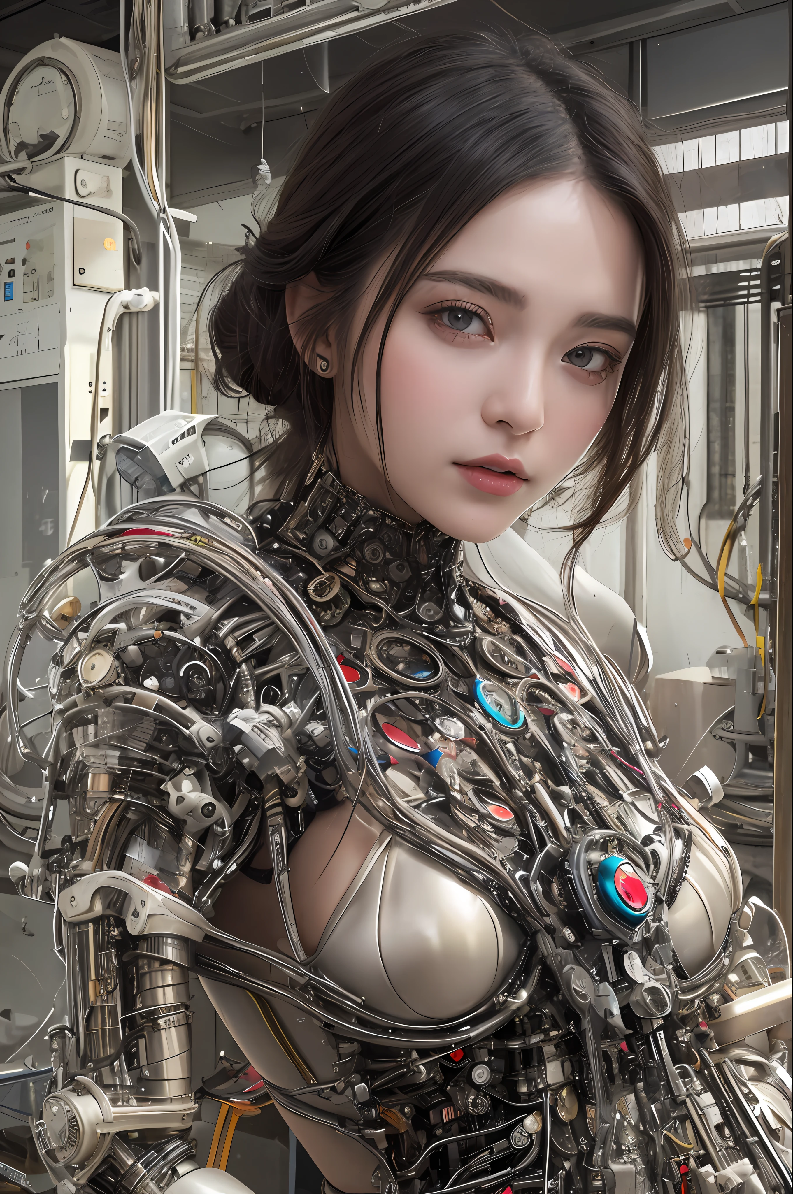 Top Quality, Masterpiece, Ultra High Resolution, (Photorealistic: 1.4), Raw Photo, 1 Girl, Black Hair, Glossy Skin, 1 Mechanical Girl, (Ultra Realistic Details)), Portrait, Global Illumination, Shadows, Octane Rendering, 8K, Ultra Sharp, Glossy Skin, Realistic Skin, Big, Cleavage Exposed Raw Skin, Metal, Intricate Ornaments Details, steampunk details, very intricate details, realistic light, CGSoation trends, purple eyes, glowing eyes, facing the camera, neon details, mechanical limbs, blood vessels connected to tubes, mechanical vertebrae attached to the back, mechanical cervical attachment to the neck, sitting, wires and cables connecting to the head, analog meters, pressure gauges, vacuum tubes, gears, Small LED lamp, background is a futuristic server room,