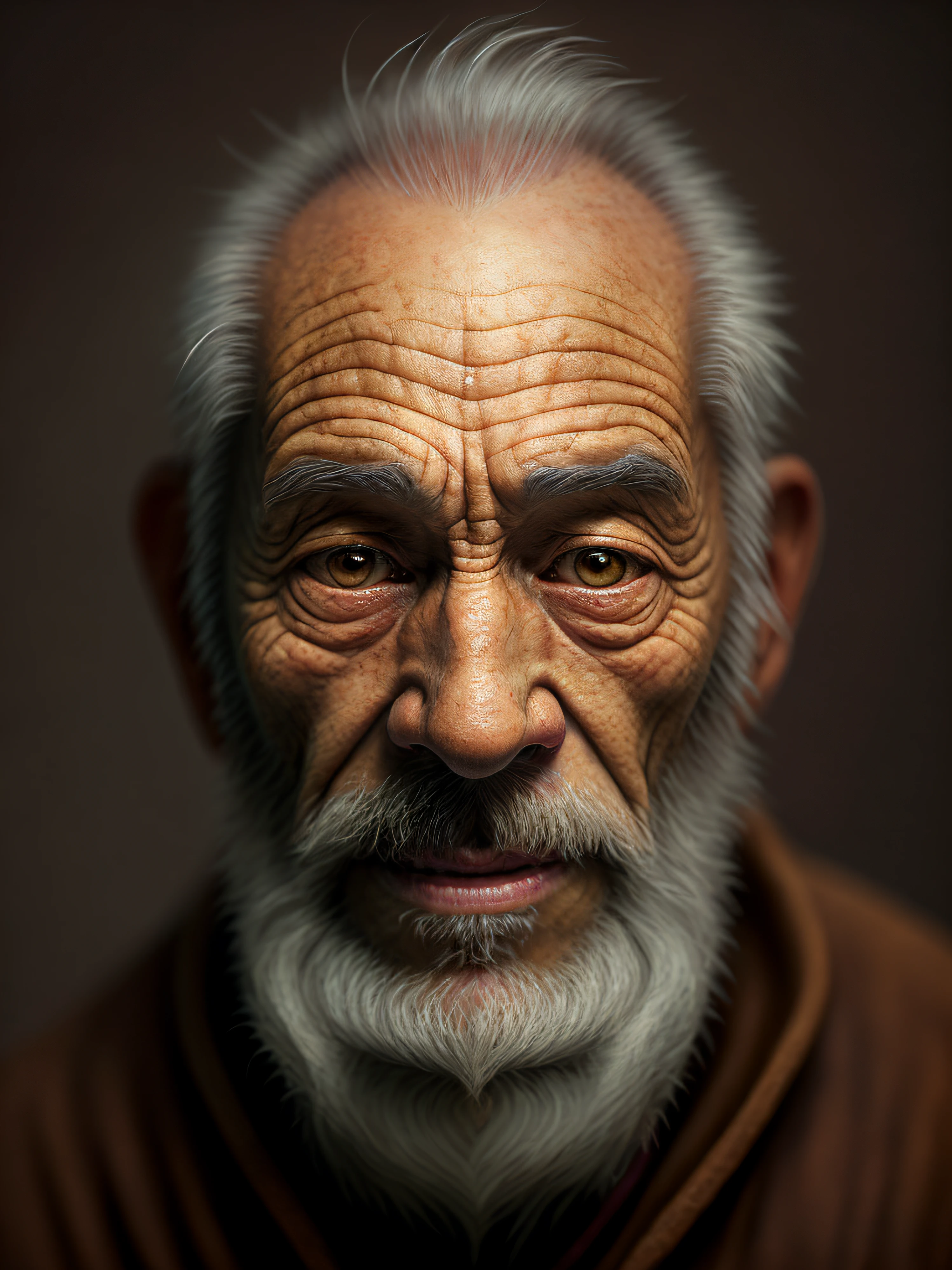 arafed man with a white beard and a brown jacket, ultra detailed portrait, portrait of monk, old man portrait, ultra realistic digital painting, cinematic realistic portrait, realistic digital painting, wise old man, photorealistic digital painting, hyper realistic digital painting, oriental face, highly realistic digital art, an old man, asian face, cinematic. by leng jun