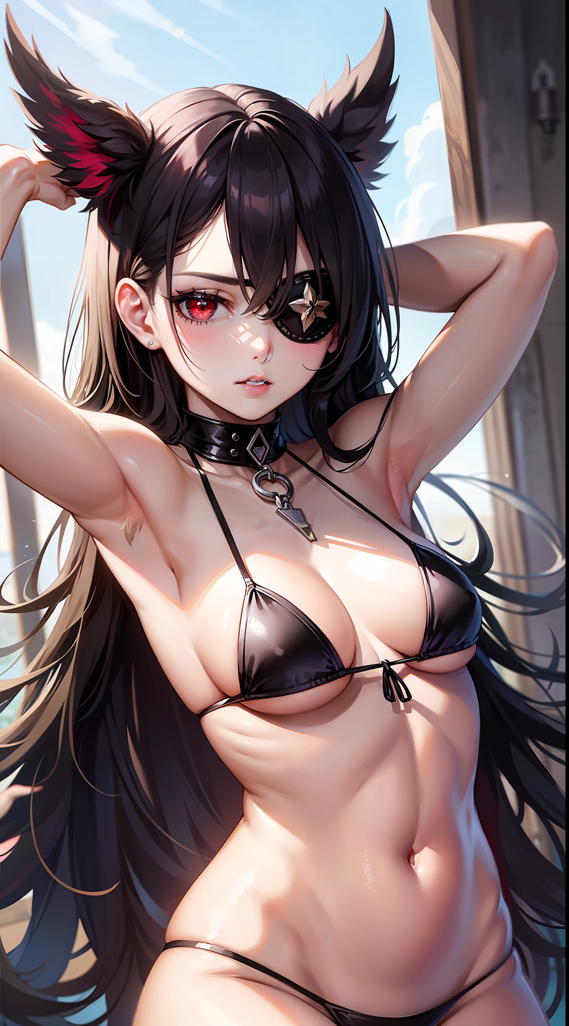 Top Quality, Ultra High Quality, 8K, Super Beautiful, 1girl, Eye Patch, Detailed Pupil, ((Flat Chest)), Too Very Micro Bikini, Annuit, Red Eyes,