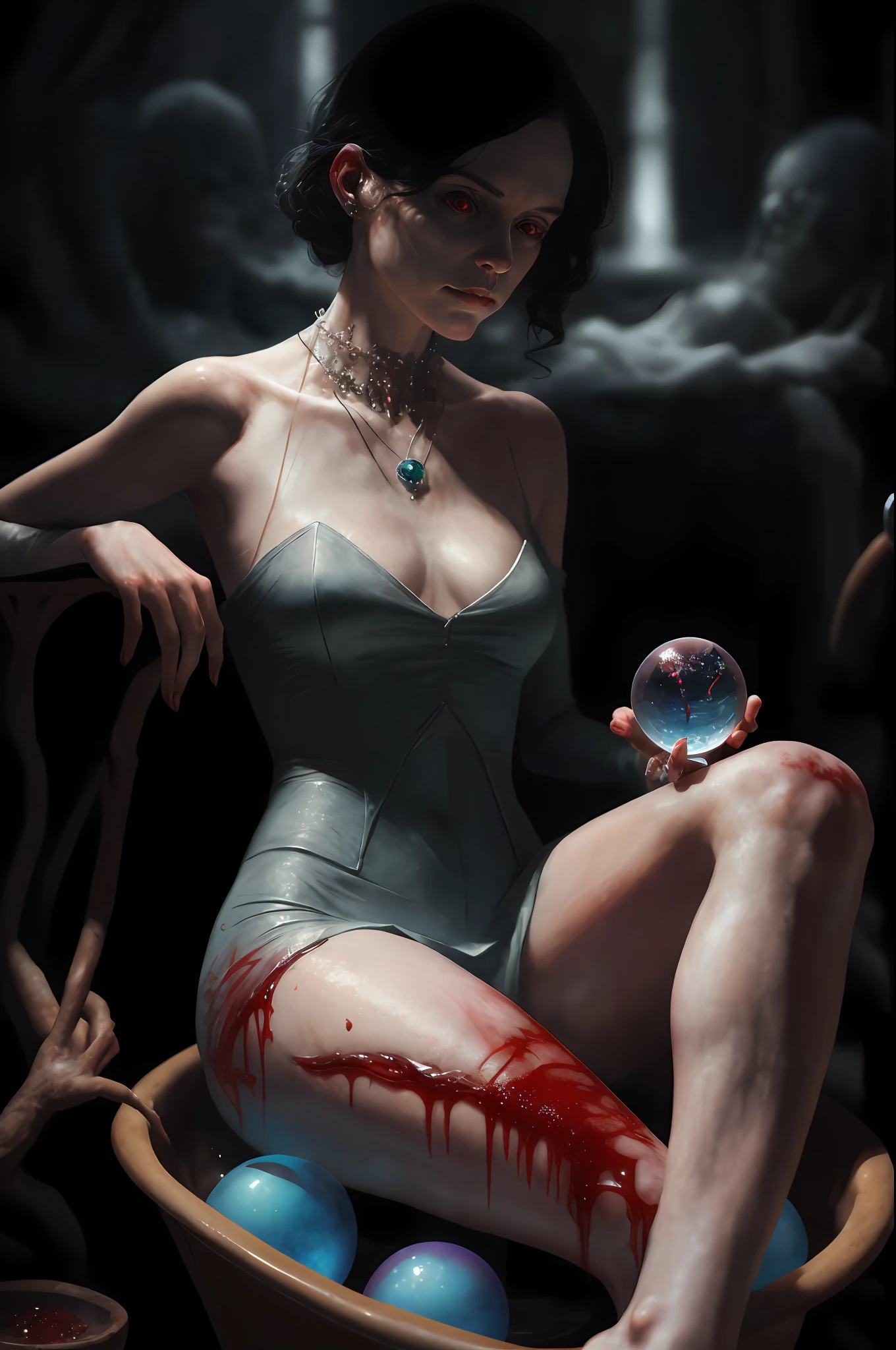 Victorian horror woman (1woman) sitting in a bloody bathtub holding a Cracked crystal (1orb with blood inside) (32k, RAW photo, best quality, masterpiece:1.2), horror art inspired by Gottfried Helnwein, full body art, horror surreal art, yuri shwedoff and tom bagshaw, natalie shau tom bagshaw, pale woman covered with blood, by Gottfried Helnwein, james jean and wlop, by Kurt Roesch