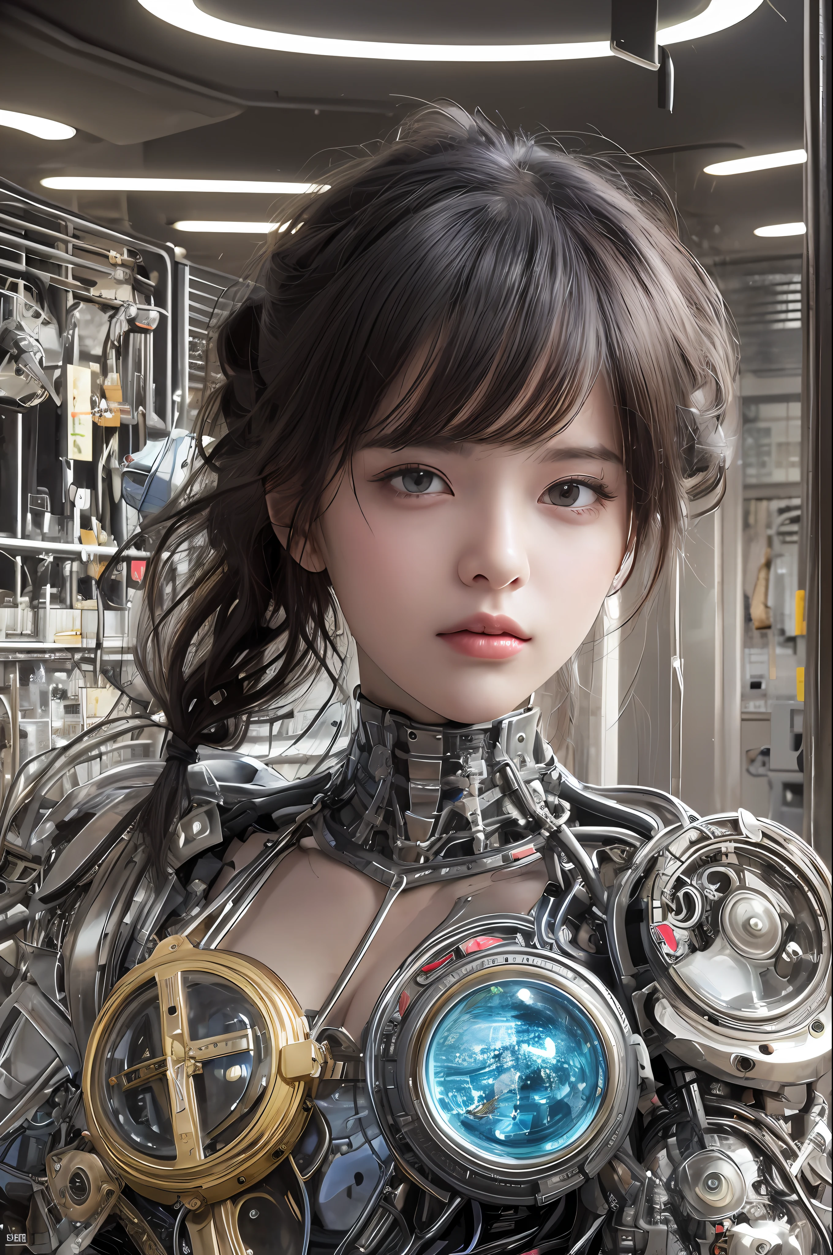 Top Quality, Masterpiece, Ultra High Resolution, (Photorealistic: 1.4), Raw Photo, 1 Girl, Black Hair, Glossy Skin, 1 Mechanical Girl, (Ultra Realistic Details)), Portrait, Global Illumination, Shadows, Octane Rendering, 8K, Ultra Sharp, Glossy Skin, Realistic Skin, Big, Cleavage Exposed Raw Skin, Metal, Intricate Ornaments Details, steampunk details, very intricate details, realistic light, CGSoation trends, purple eyes, glowing eyes, facing the camera, neon details, mechanical limbs, blood vessels connected to tubes, mechanical vertebrae attached to the back, mechanical cervical attachment to the neck, sitting, wires and cables connecting to the head, analog meters, pressure gauges, vacuum tubes, gears, Small LED lamp, background is a futuristic server room,