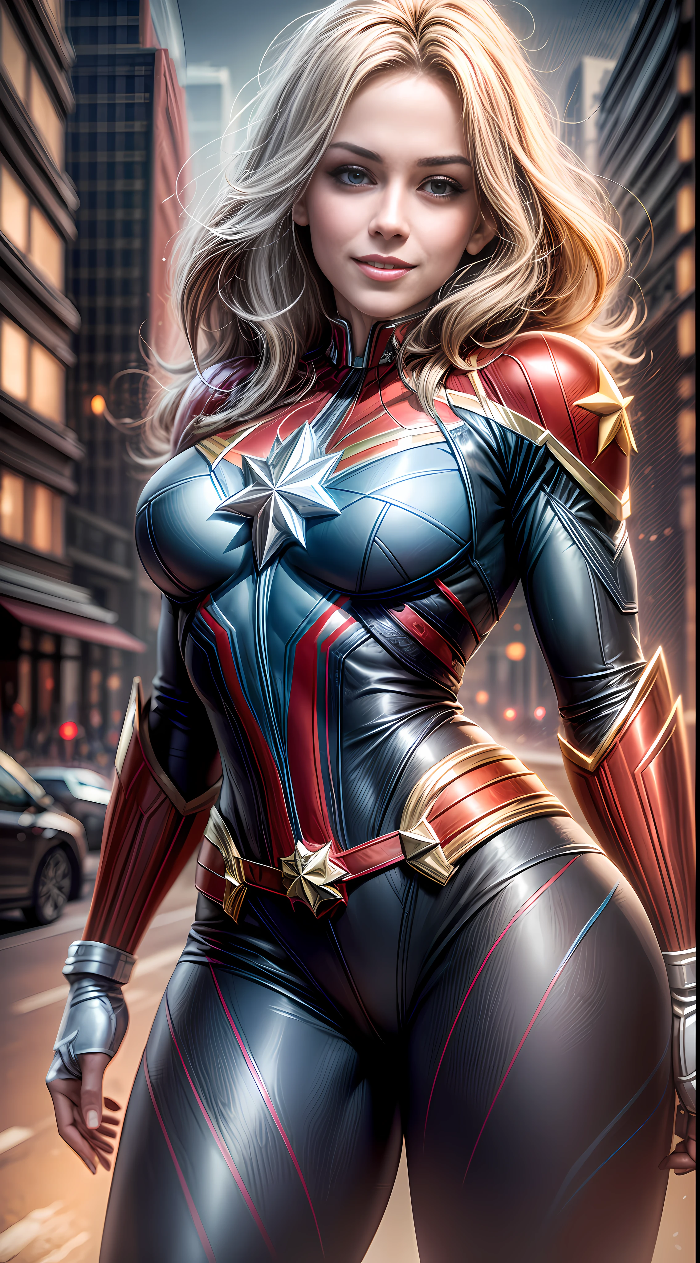 MASTERPIECE, ABSURD QUALITY, NIGHT LIGHT, 9 p.m., ((Best quality, 8k, Masterpiece: 1.3)), Sharp focus: 1.2, A Captain Marvel cosplay woman, dressed as the character Captain Marvel, (((BIG SMILE))) style Aly Fell and artgerm, beautiful digital art, raymond swanland style, epic digital art illustration, alena aenami and artgerm, zenescope, by Marek Okon, artgerm julie bell beeple, intricate body, sharp focus in the eyes, ((background blur)), 8k, unreal engine 5, thick arms, (((thick legs)))