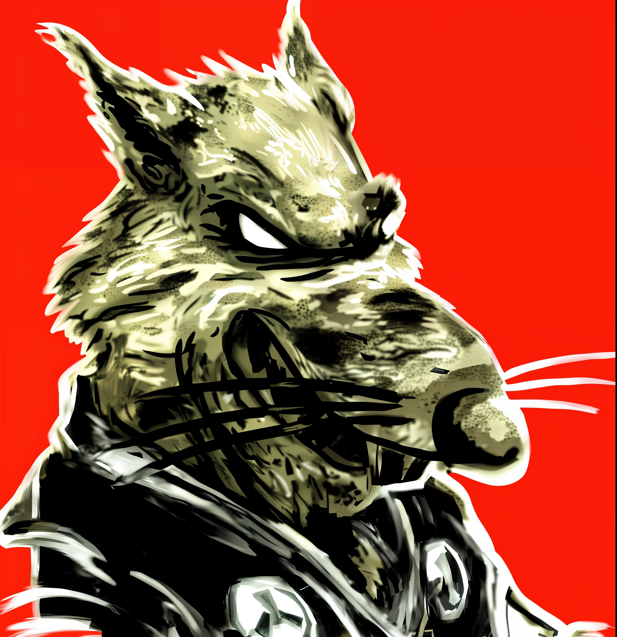 a drawing of a cat in a red jacket with a red collar, master splinter, anthropomorphic beaver, anthropomorphic coyote male, an anthropomorphic wolf, profile shot, anthropomorphic gangster rat, chupacabra, anthropomorphic wolf, anthropomorphic rat, an anthropomorphic rat, big bad wolf