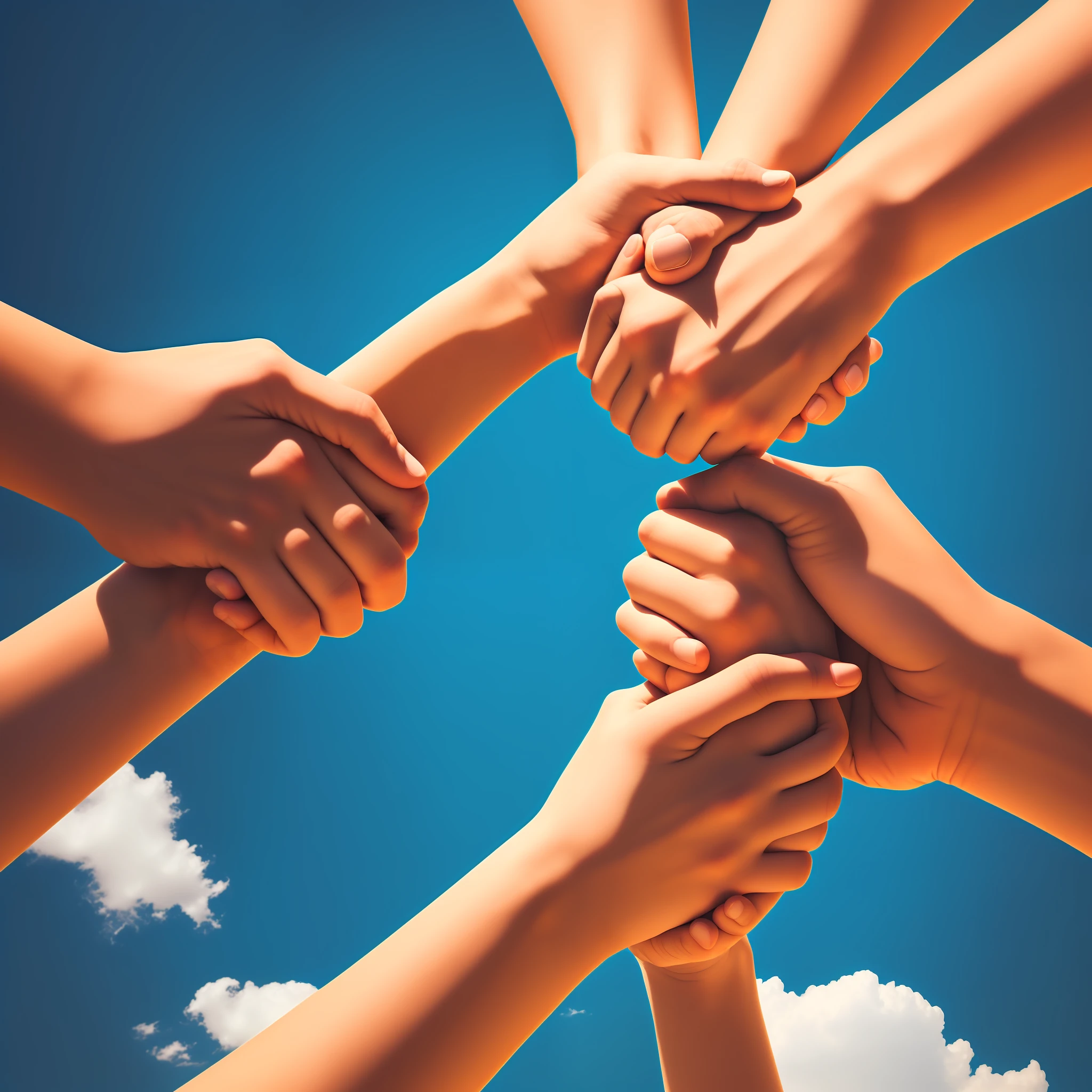 Symbol of friendship, two hands shaking, holding hands, heavenly background. --auto