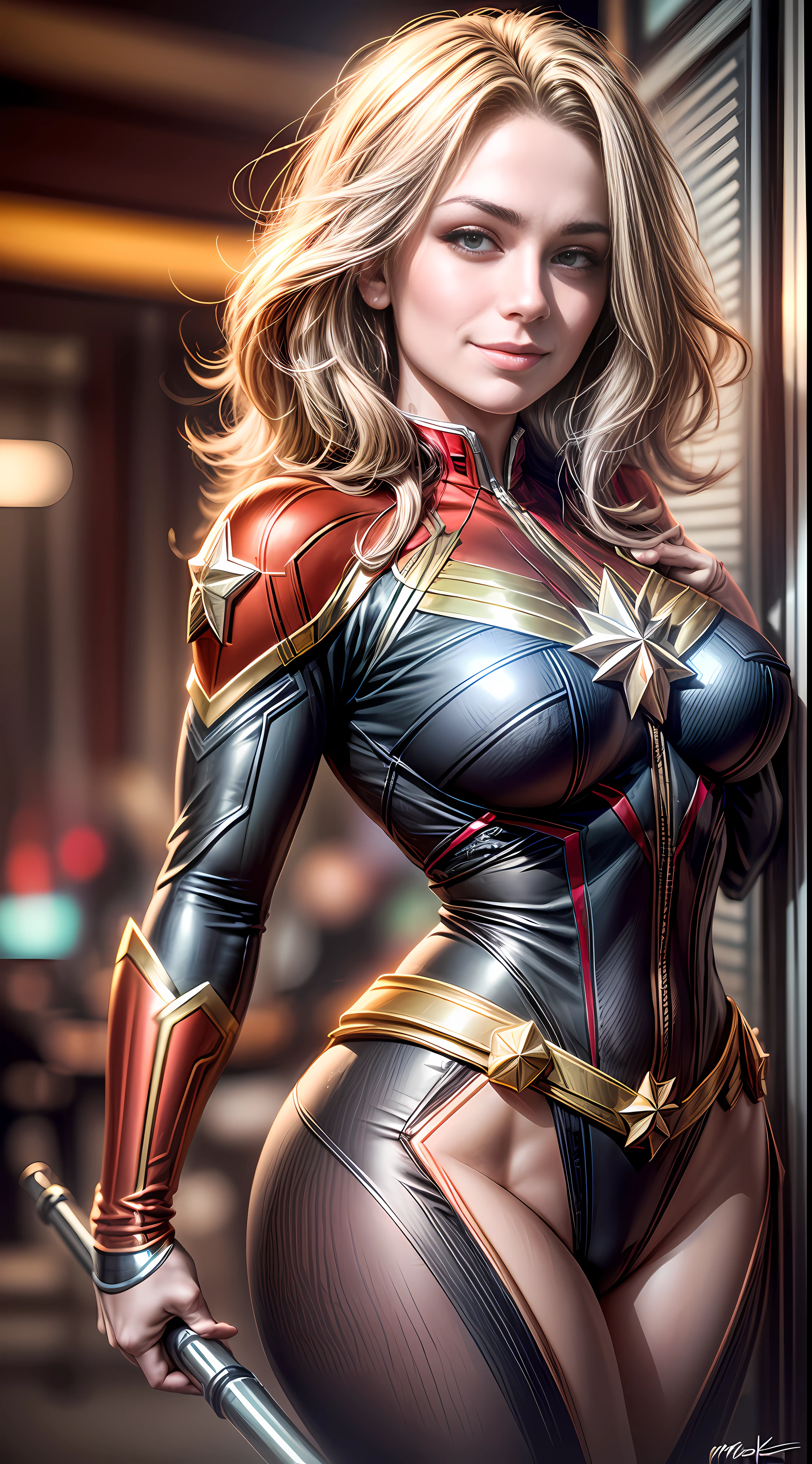MASTERPIECE, ABSURD QUALITY, NIGHT LIGHT, 9 p.m., ((Best quality, 8k, Masterpiece: 1.3)), Sharp focus: 1.2, A Captain Marvel cosplay woman, dressed as the character Captain Marvel, (((BIG SMILE))) style Aly Fell and artgerm, beautiful digital art, raymond swanland style, epic digital art illustration, alena aenami and artgerm, zenescope, by Marek Okon, artgerm julie bell beeple, intricate body, sharp focus in the eyes, ((background blur)), 8k, unreal engine 5, thick arms, (((thick legs)))