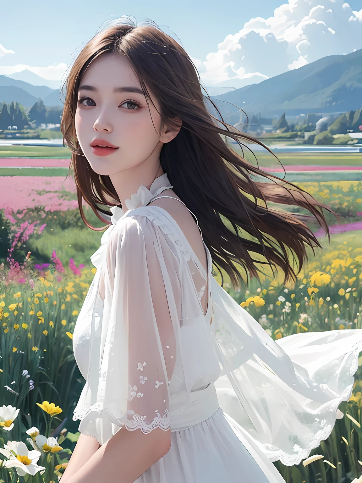 1girl, dynamic angle, cloud and mountain, (flower field:1.4) in the foreground, white dress, light tracing, (floating colorful wind:1) (photorealistic:1.4), official art, unity 8k wallpaper, ultra detailed, beautiful and aesthetic, masterpiece,best quality, glowing skin, cinematic lighting, light smile