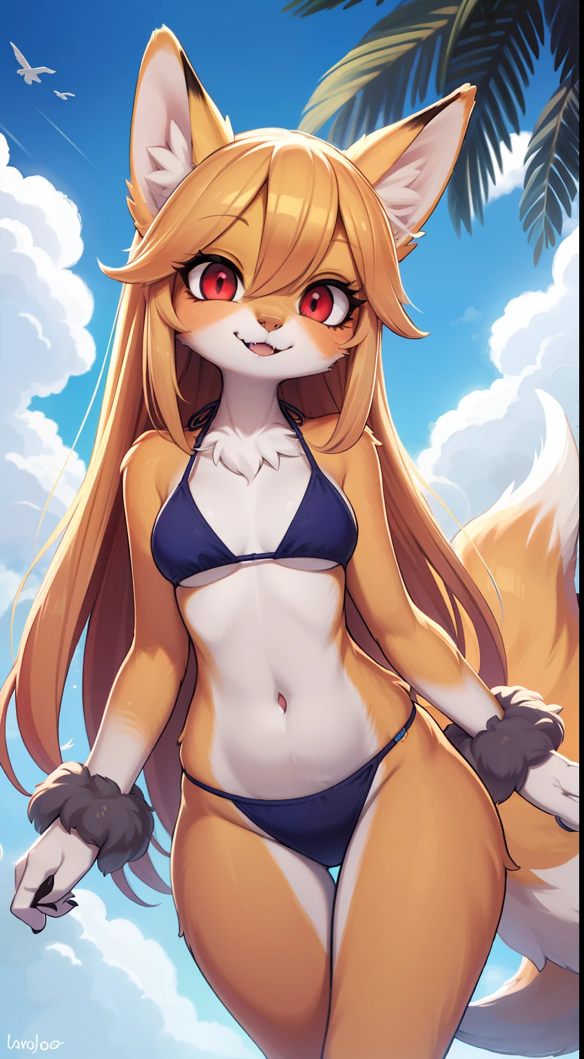 Fox girl, (((furry))), furry, golden fur, long blonde hair, golden fur all over, golden fur on the hands, forelimb hands, golden fur on the back of the hands, palm fur, eyes with light, red eyes, super cute face, brown elements on fur, bikini, ambient light, super fine fur, volumetric light, midday, clouds in the sky, blue day, natural lighting, smile, fluffy tail, color contact lenses, bright pupils,smiley,fang