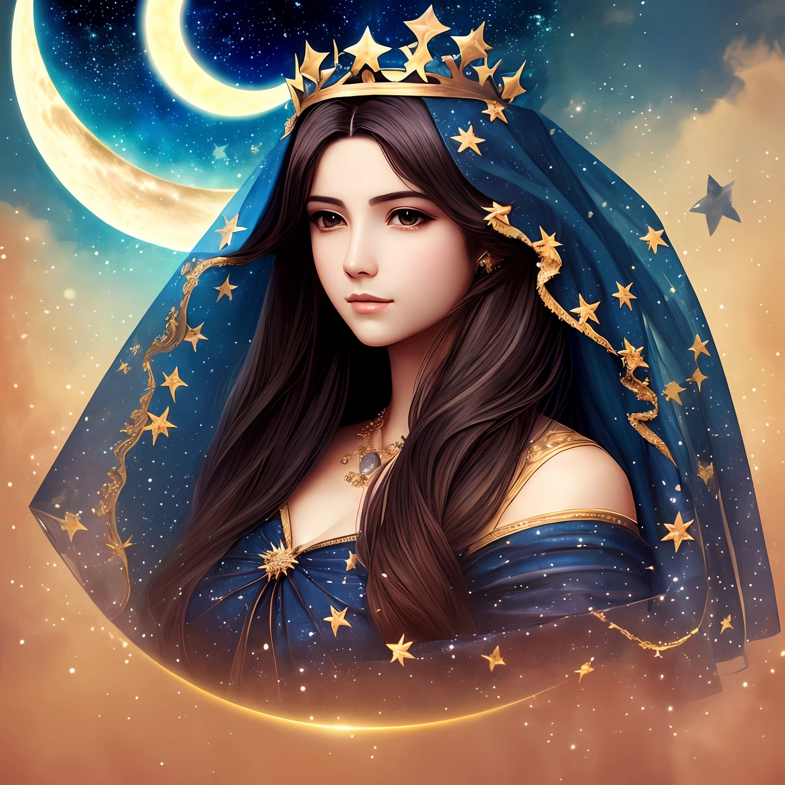 "Masterpiece a beautiful woman with veil covering long hair, fade" ((crown of 12 small stars)), and the moon under the feet, hair covered with veil, with the moon under the feet, 4k detailed altemante digital art, full hd --auto