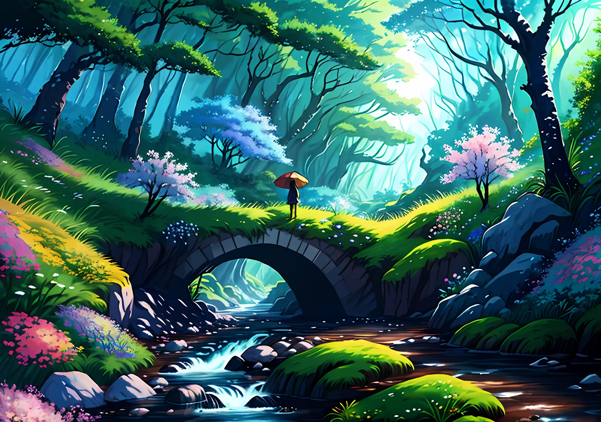 colorful anime landscape art, forest creek, wildflowers, trees, rocks, rainbow, Studio Ghibli, Spirited Away