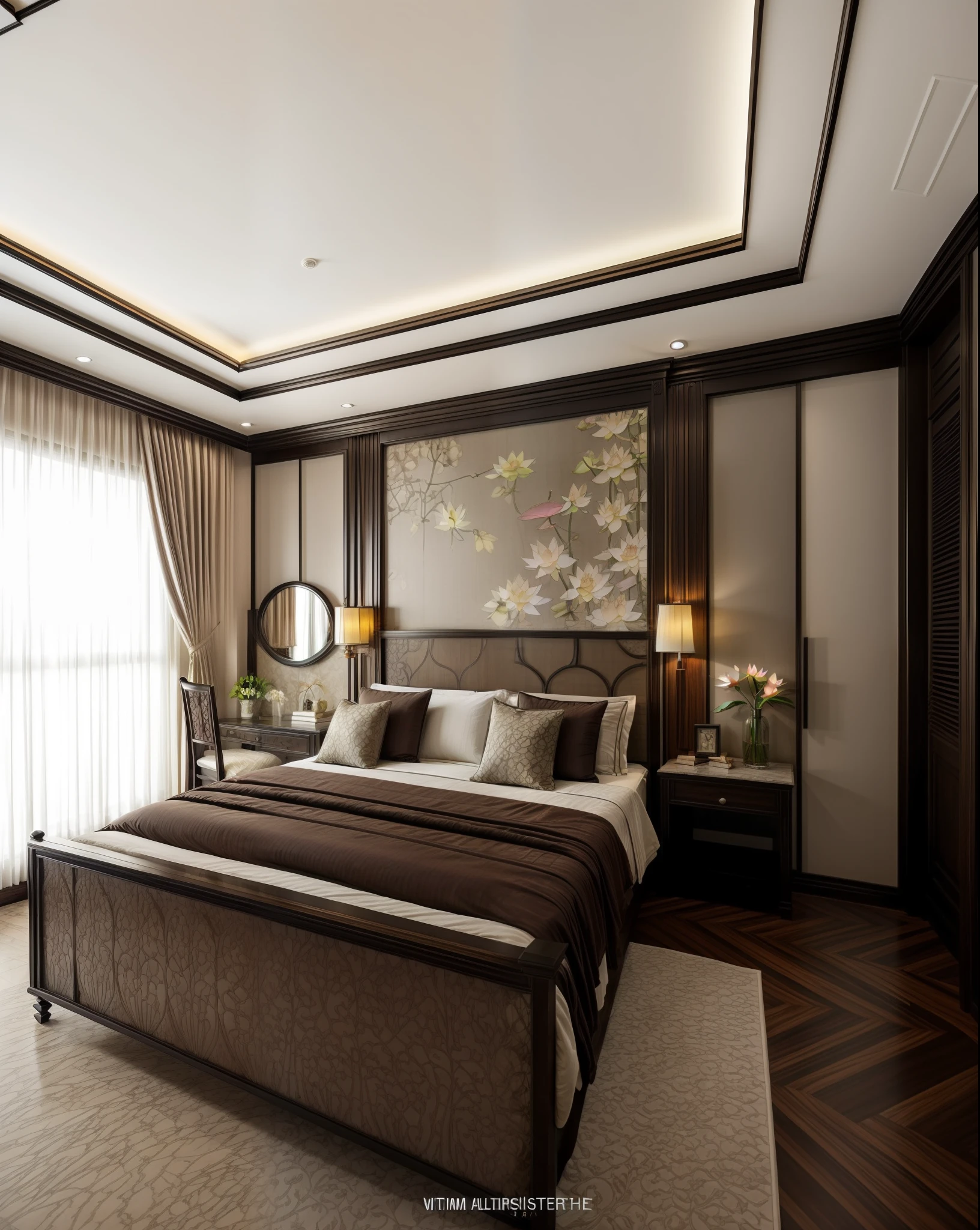 (indochina design bedroom:1.3), (photo realisstic:1.2), (supper detail:1.2),1bed, 1 chair, (1 lotus theme poster on the wall:1.3), indochina floor, orange wall, indoor, whiten light, cinematic lighting, (scale up:1.5)