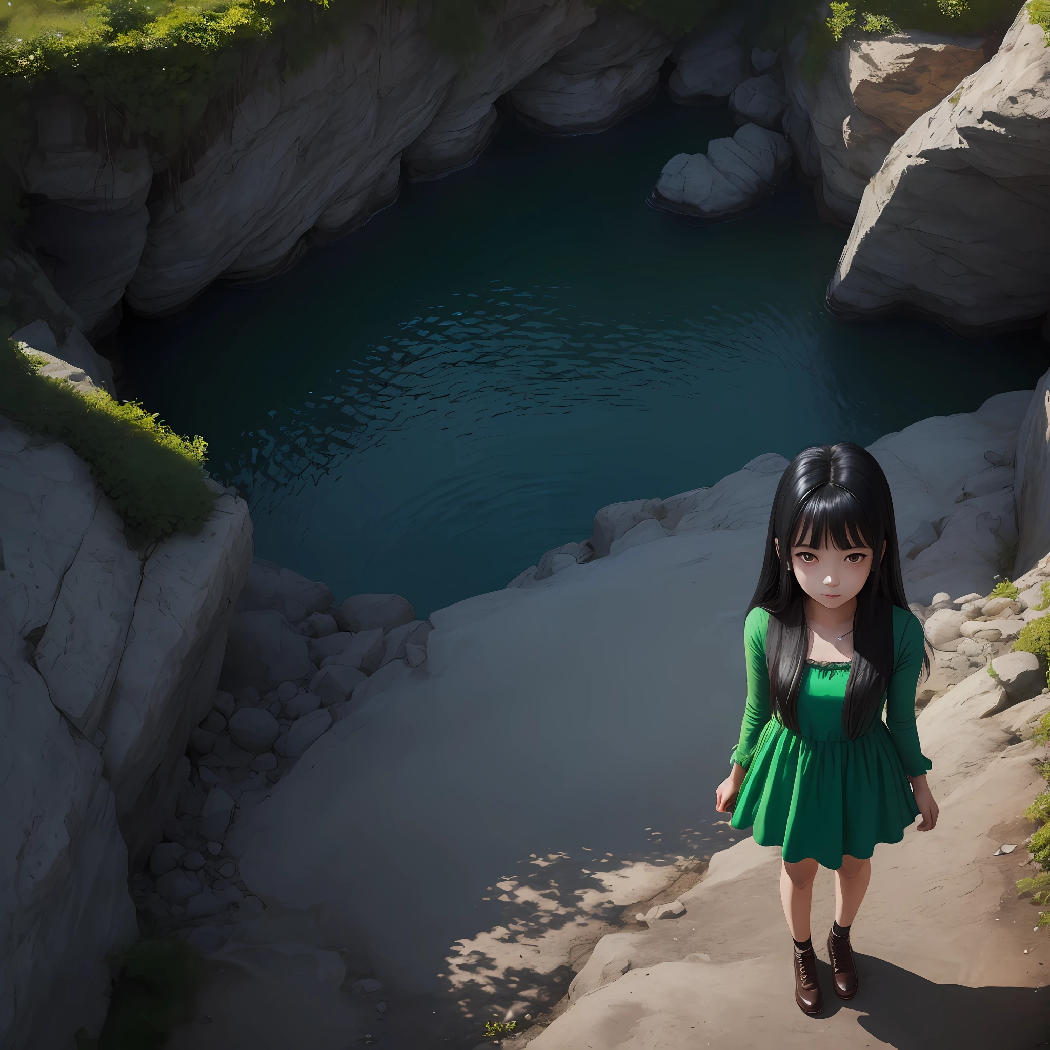 Girl 16 years old black hair green dress 1.70 height full body image from above --auto