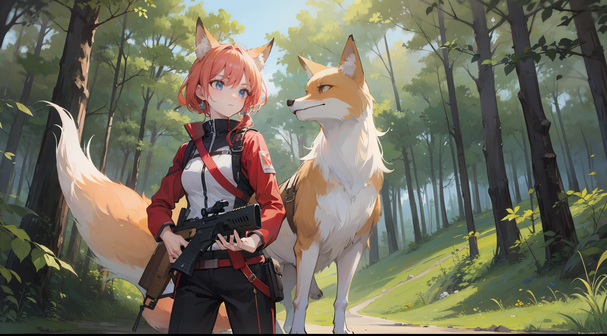 fox soldier holding a rifle in a forest, 2d anime style