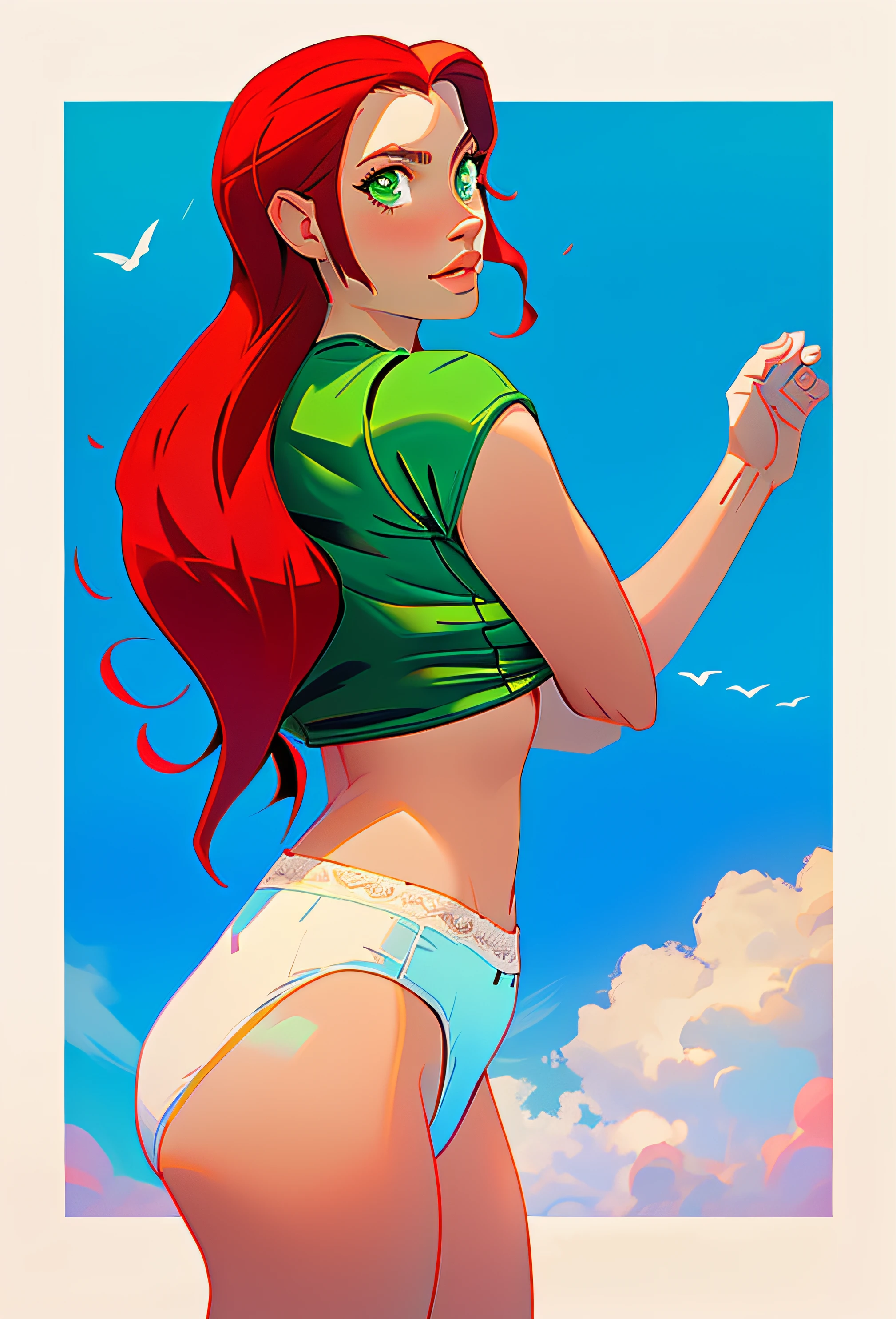 Red haired Curvy Latina with green eyes in blue shirt and white cotton high cut panties, lifting shirt, anime art style, intricate details