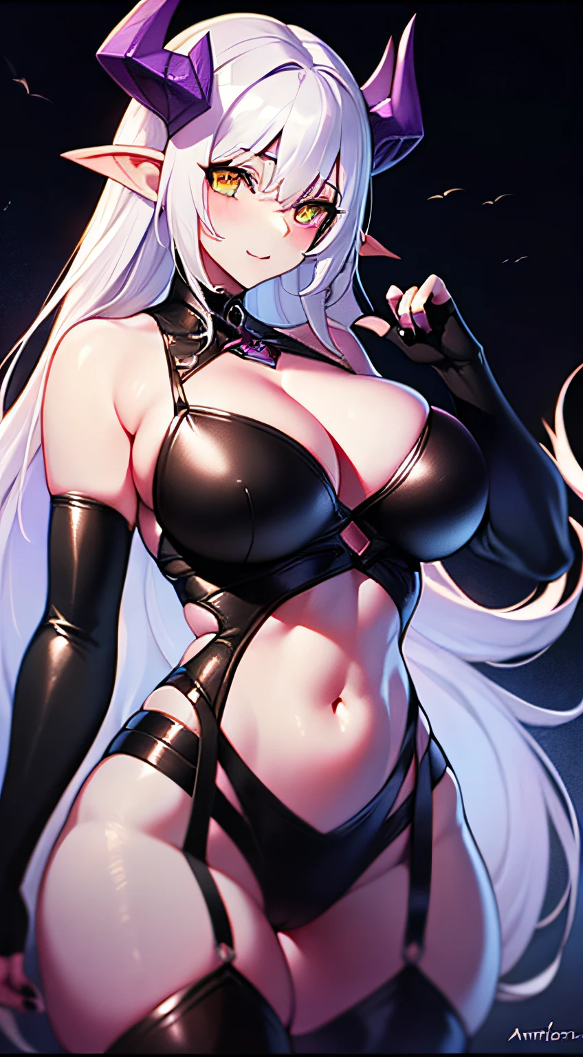 (masterpiece, best_quality, ultra-detailed, 8k, UHD, immaculate:1.3) epic, artgerm, pixiv, artstation, 1 girl, succubus girl, white skin, black dragon horns, black outfit with straps, black necklace, sexy black outfit, black bikini, yellow eyes, beautiful yellow eyes, (detailed eyes), tight clothing, medium breasts, curvy hips, black fingernails, pastel lavender hair, long wavy lavender hair, outdoors, at night, dark outside