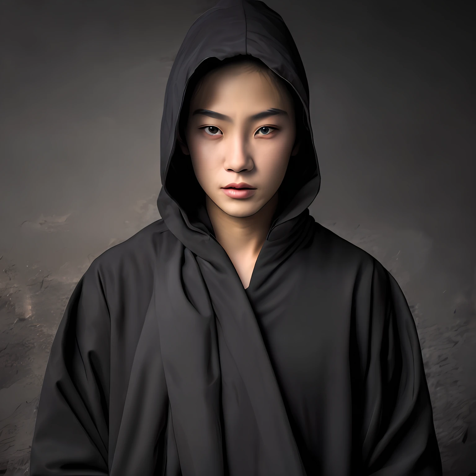 (Front view: 1.3, twilight light: 1.2, young monk: 1.1, black hood covering eyes, dark background wall, 8K, HDR) --auto