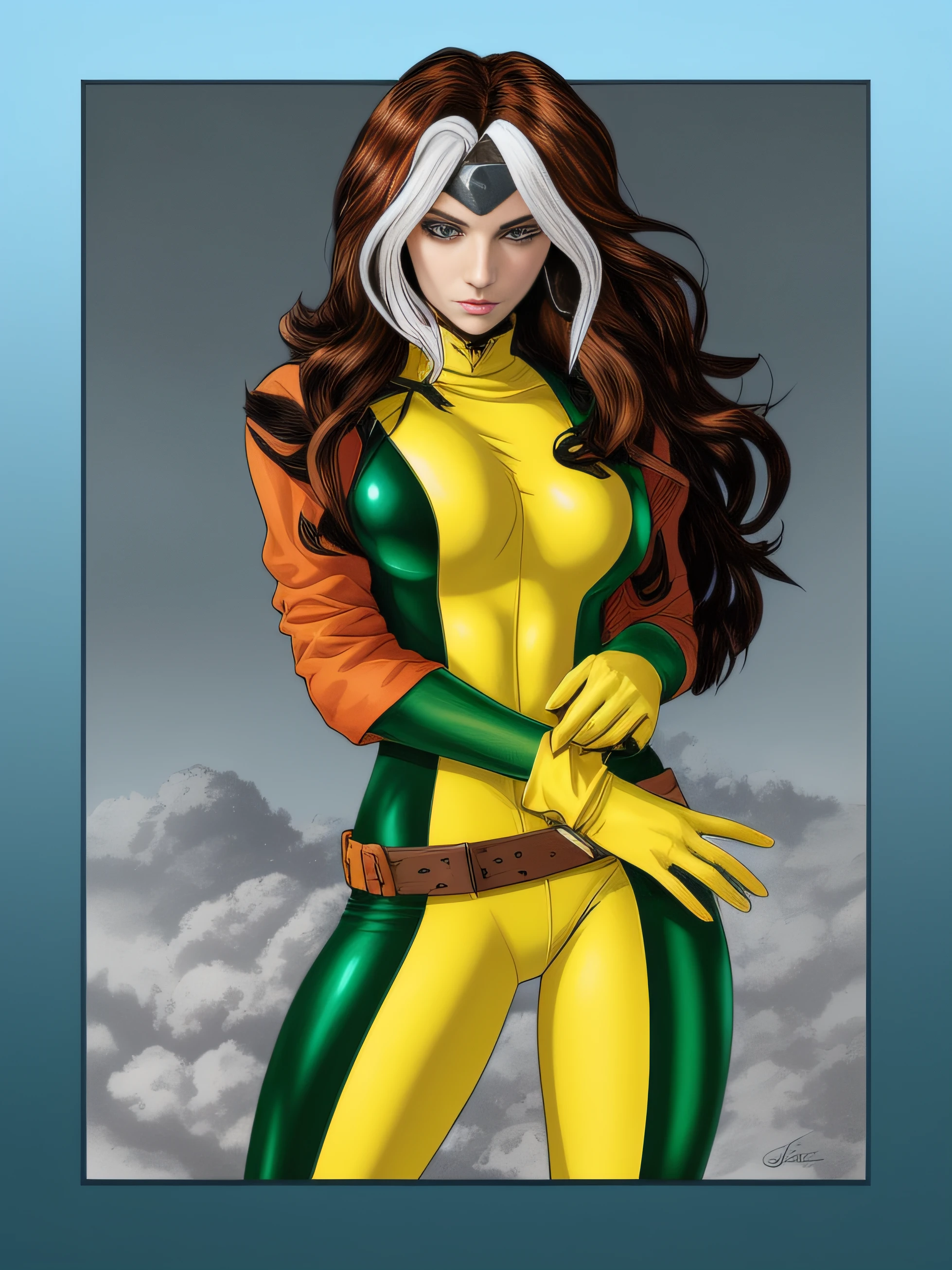 woman in a yellow and green suit, female rogue, beautiful rogue lady, mischievous anime girl, digitally colored, full body portrait of Jean Grey, high quality, female rogue portrait, full color, hyper-realistic image of X, Chris Moore. Artgerm, rogue, full color drawing, color illustration, X-Men Storm