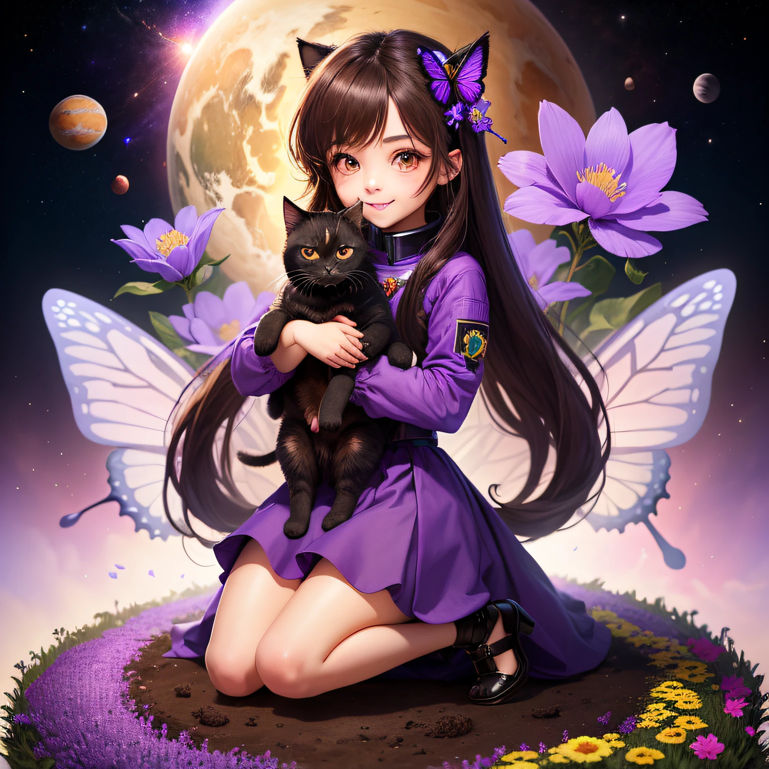 masterpiece, best quality, ultra-detailed, girl, solo, full body, smile, straight hair, dark hair, ((brown eyes))), (((perfect eyes))), (((PURPLE dougi))), full body, holding a black kitten, looking at the viewer, female focus, earth \(planet\), planet, space, ground and many flowers rising, many butterfly rising, perfect hands. Cute, chibi,