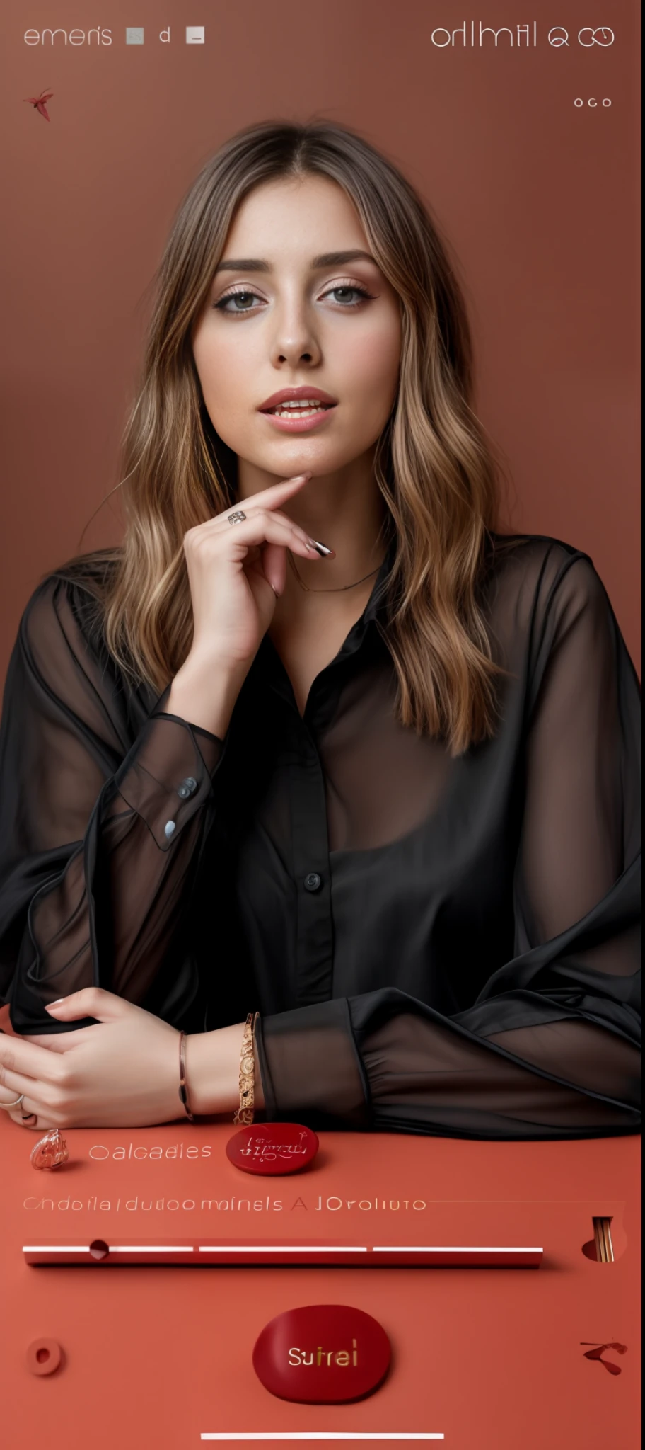 a woman with a black shirt and a red button on her phone, photo of a hand jewellery model, by Emma Andijewska, ana de armas portrait, promotional portrait, portrait sophie mudd, photoshoot for skincare brand, portrait of ana de armas, hand on her chin, gorgeous stella maeve magician, by Olivia Peguero, professional picture
