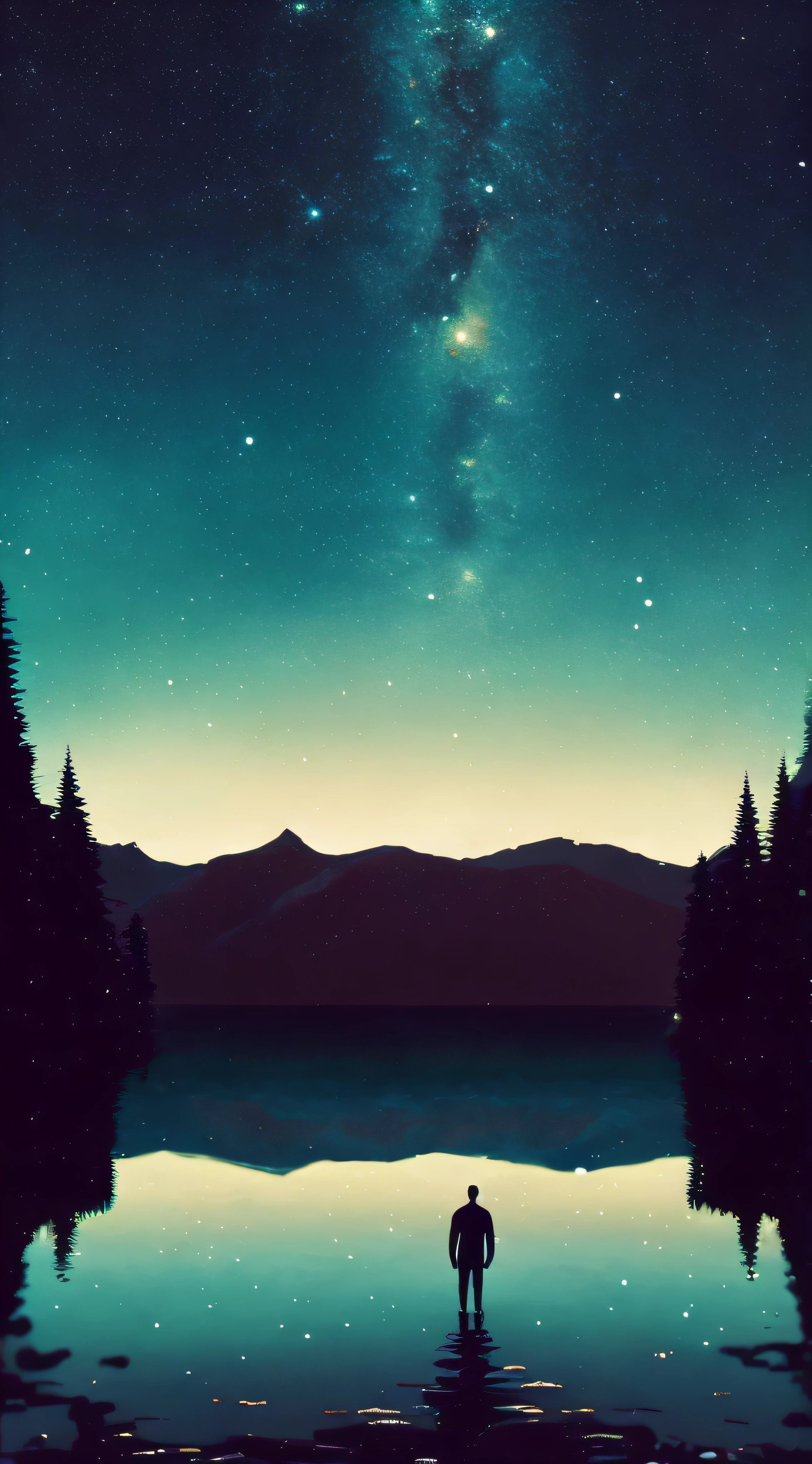Christopher Balaskas depicts a man standing in the middle of a lake with a starry sky in the background