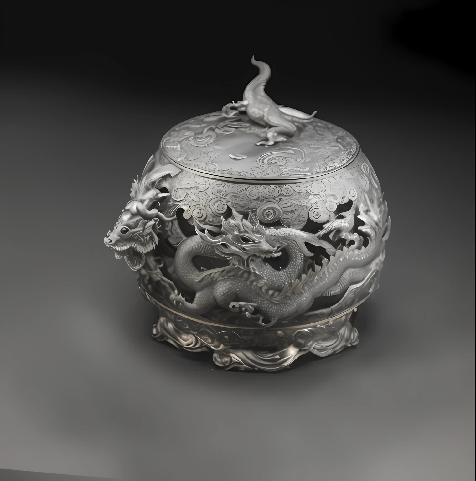 On the table is a silver dragon statue with a bowl, on the top is a girl full of art, the dragon head is clear, Wu Zhen, Cannon Tanyu, Chinese Art, Wen Boren, Li Kan, Chinese dragon carving, mechanical parts dragon, dragon, zhuoxin leaf, silver, Wang Jian, Chinese ghost festival, retain the original details,