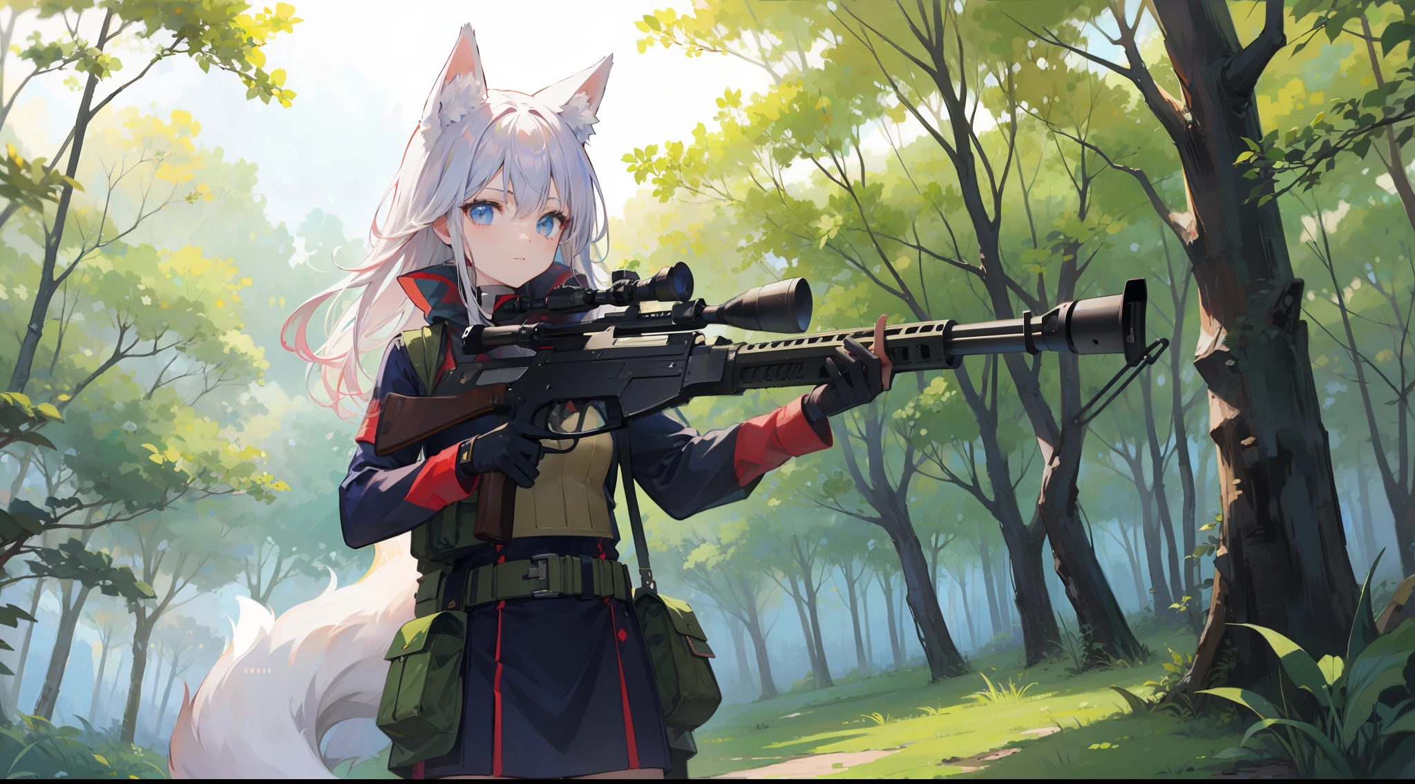 fox soldier holding a rifle in a forest, 2d anime style