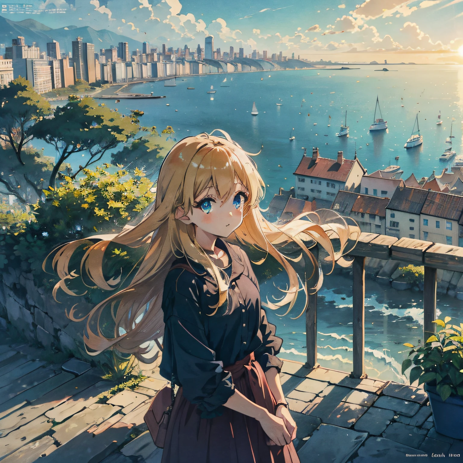 anime girl, cute, pretty, blonde, blue eyes, long hair, coastal city in background, sunny day, 20th century