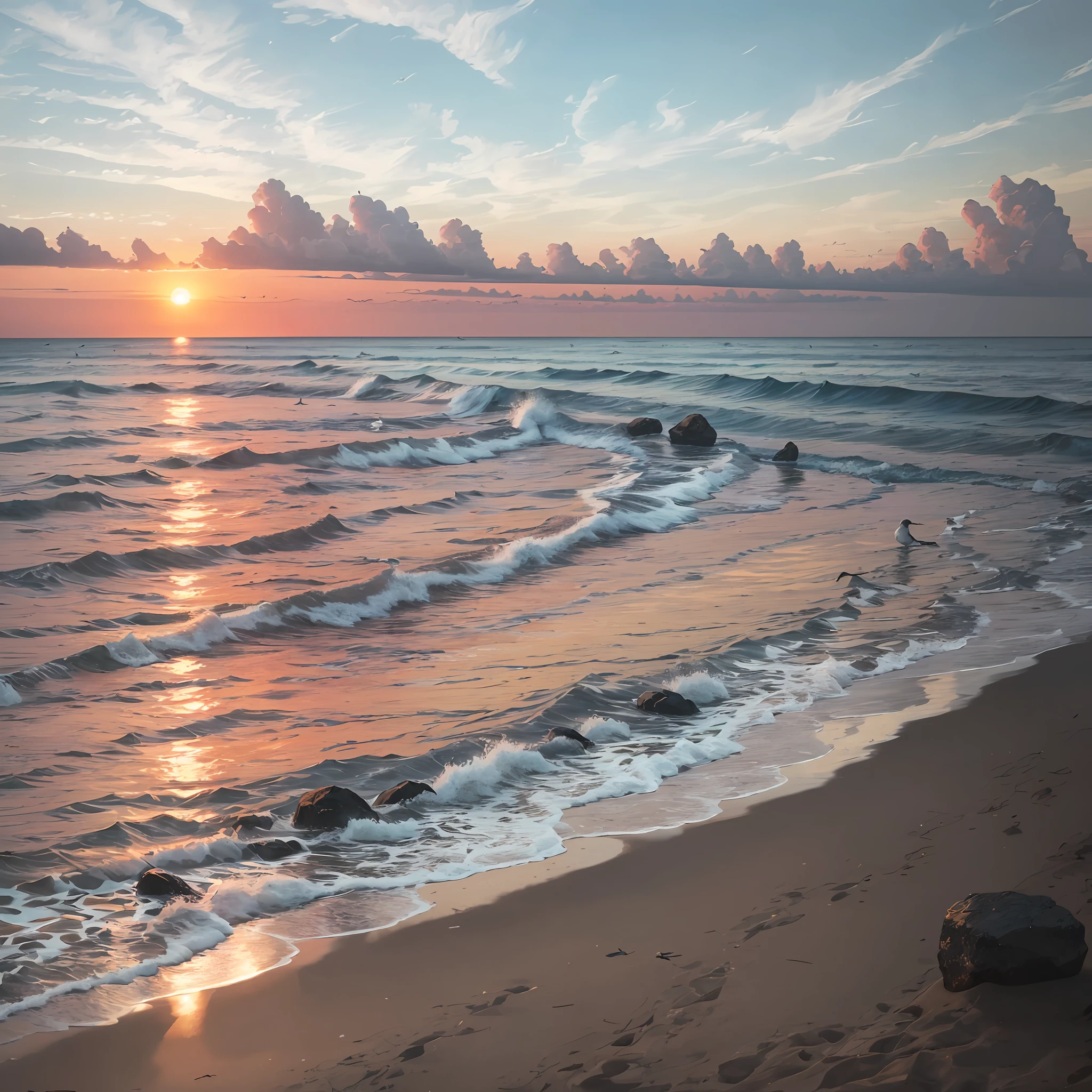Of course, here are ten keywords that can help you describe a sad painting on the seashore at sunset:

1. Sunset: Sunset is a common sight on the beach, and its warm colors and sense of distance can add to the emotion of the picture.

2. Waves: The undulations and roars of the waves can convey the dynamics and irresistible power of the picture.

3. Beach: The beach is the part of the beach that can be used to express the loneliness or forgotten feelings of the character.

4. Rocks: Rocks are a common element on the seaside and can add a solid and heavy feeling to the picture.

5. Fishing boats: Fishing boats can be used as decorations in the picture to express the labor and toil of fishermen.

6. Fishing nets: Fishing nets can symbolize distress or bondage, in keeping with the theme of sadness.

7. Silence: There is often a sense of tranquility and silence on the seashore of the sunset, which can be expressed through the empty or still elements in the picture.

8. Gull birds: Gull birds are often found by the sea and can express feelings of freedom and drifting.

9. Sunset: The sunset in the picture can add warmth and softness to the sadness.

10. Loneliness: Through individual characters or elements, you can express the loneliness and helplessness in the picture. --auto