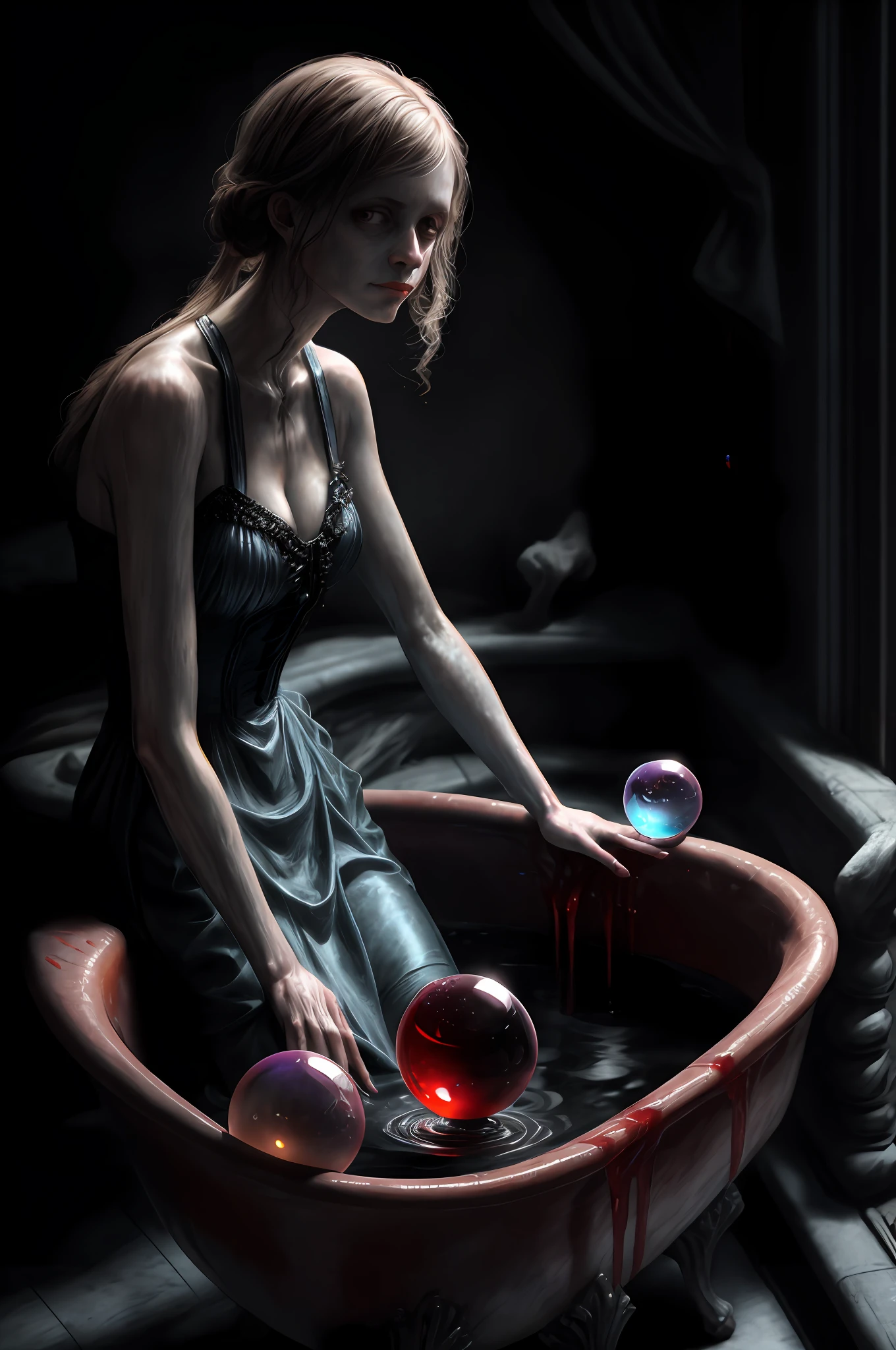 Victorian horror woman (1woman) sitting in a bloody bathtub holding a Cracked crystal (1orb with blood inside) (32k, RAW photo, best quality, masterpiece:1.2), horror art inspired by Gottfried Helnwein, full body art, horror surreal art, yuri shwedoff and tom bagshaw, natalie shau tom bagshaw, pale woman covered with blood, by Gottfried Helnwein, james jean and wlop, by Kurt Roesch