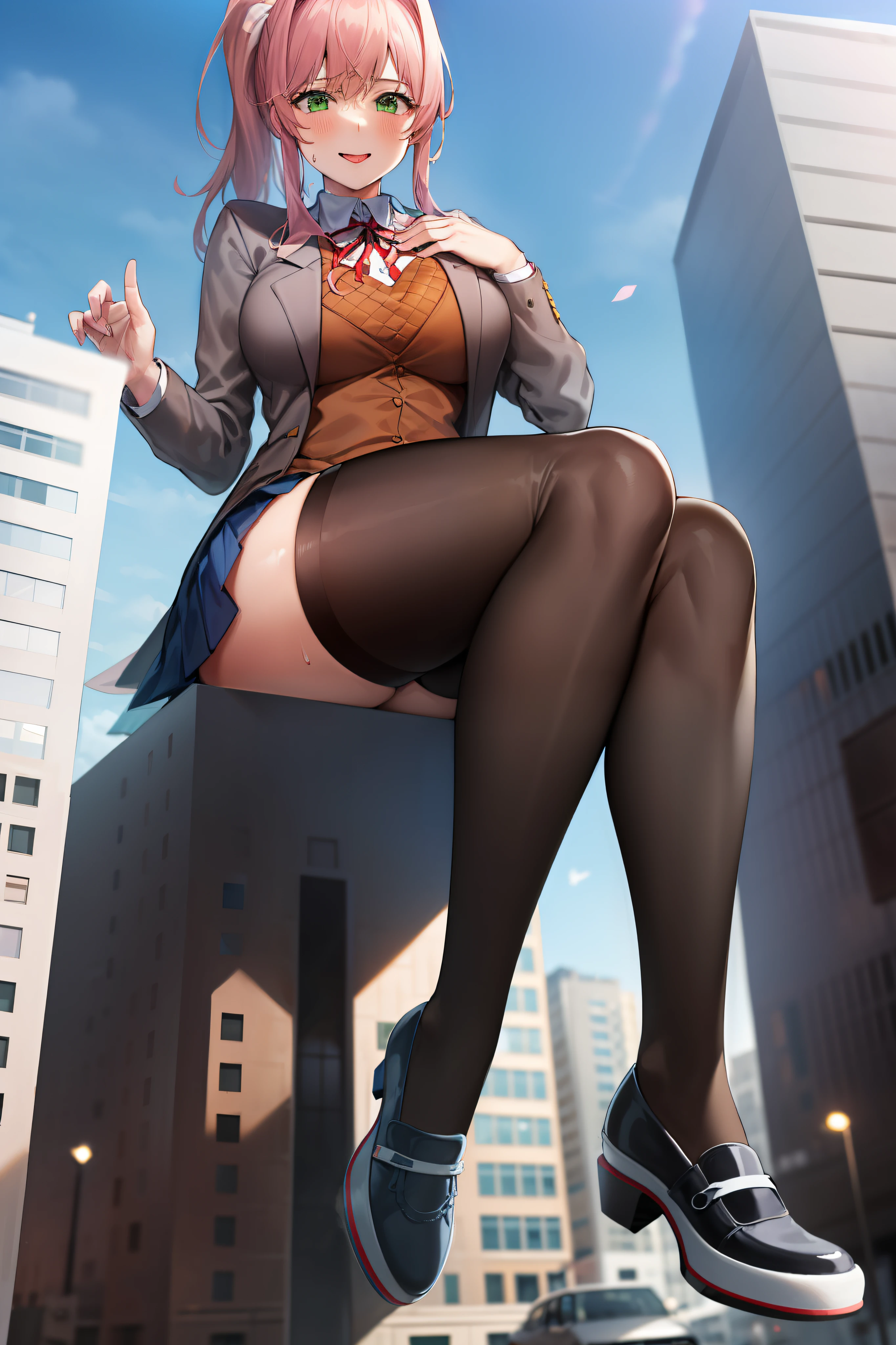 2d, masterpiece, best quality, anime, highly detailed, 1girl, solo, monika, green eyes, very long hair, ponytail, school uniform, straight-on, smile, (full body:1.5), giantess, smile, (from below:1.5), thick thighs, looking down at viewer, upskirt, (large breasts:1.3), field, (looming:1.3), mature female, high quality, hd quality, masterpiece, photorealistic, (presenting foot, shoe soles, close-up foot:1.3), intense angle, :d, (Sitting on Building:1.6), very low angle, female pervert, toragao, (sitting:1.5), (white undershirt, orange sweater:1.2), (brown jacket:1.4), (absolute territory, black thighhighs:1.4), (uwabaki:1.5), full body in frame, (GTSCity, buildings, city:1.3), blue skirt, (hand on building:2), (one hand at side:1.6), (licking lips, licking own lips:1.1), (sweat:1.2), anime girl sitting on a building with her legs crossed, hyperrealistic schoolgirl, realistic schoolgirl, a hyperrealistic schoolgirl, seductive anime girl, smooth anime cg art, thighs close up, thighs!!!, beautiful anime girl squatting, commission for high res, large thighs, extremely detailed artgerm, sitting on a building, on a building,