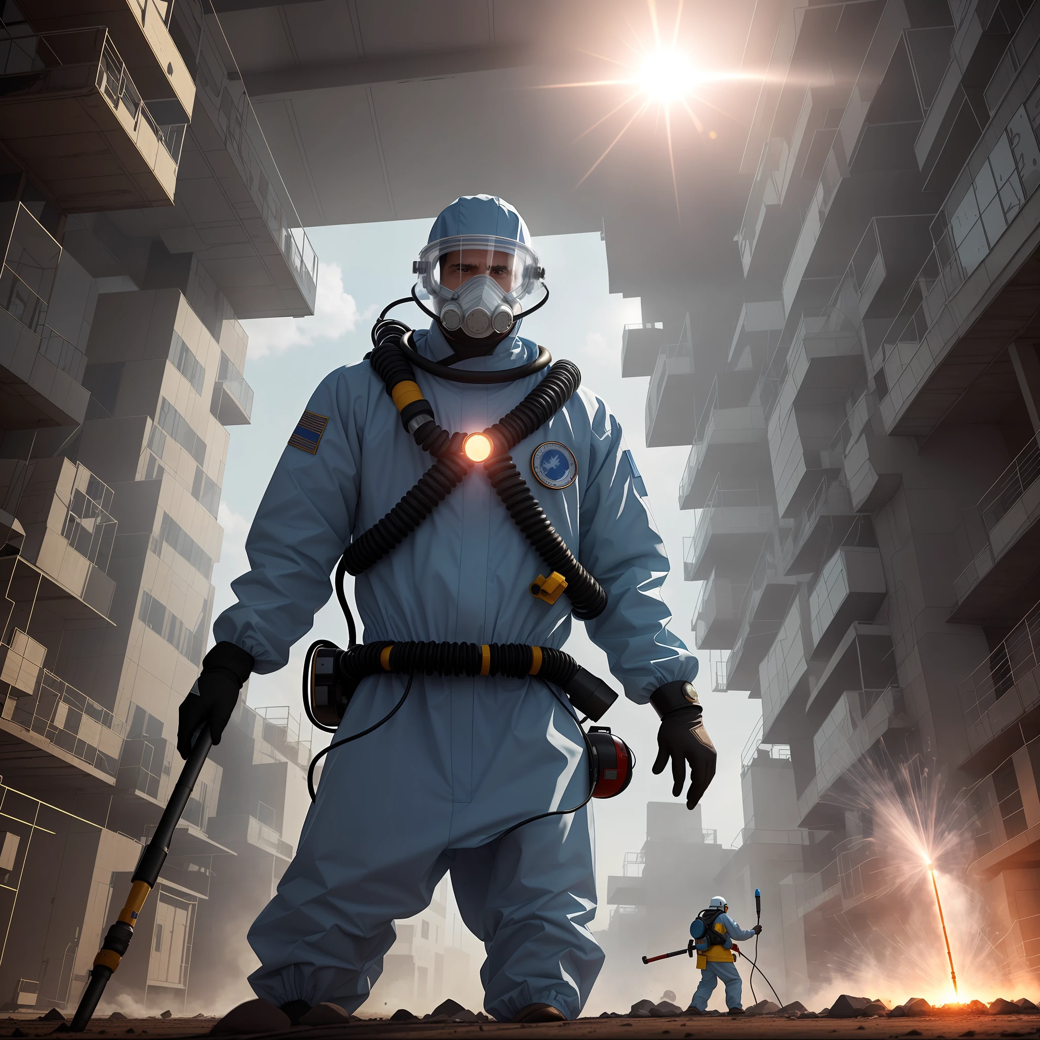 "Image of a brave man, dressed in a full anti-contamination protective suit. The outfit is bright, white and immaculate, with a clear glass helmet that reveals his determined eyes. He's in a high-tech lab environment filled with cold lights and state-of-the-art equipment. In his hands, he holds a specialized piece of equipment, emanating a soft blue light, symbolizing disinfection, while he carefully cleans COVID-19 particles. The virus particles are represented as complex, spiked spheres, visible only due to their interaction with the light of the equipment. The scene conveys a sense of caution, determination and hope in the fight against the pandemic." Despite his smallness in relation to the surrounding environment, the man conveys a sense of caution, determination and hope in the fight against the pandemic." --auto