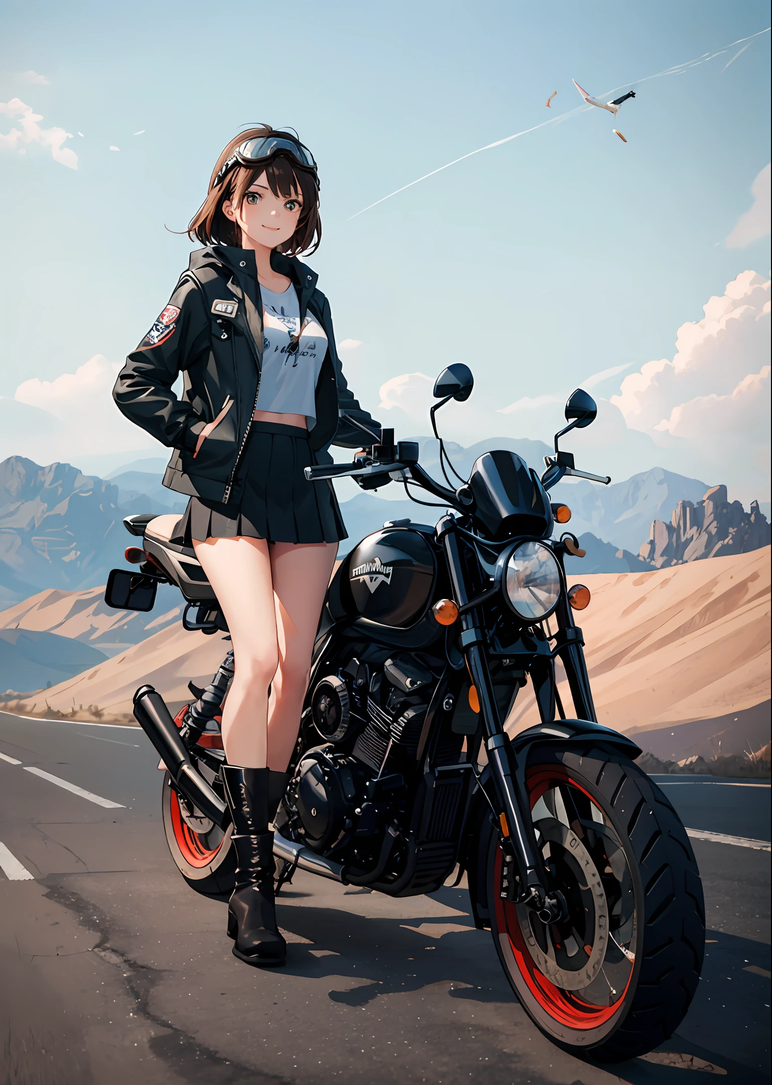 Top quality, masterpiece, high resolution, two beautiful girls, black hair long hair, forehead, brown hair shortcut, fluttering hair, travel, motorcycle, touring, two seater, smile SR400, horizon, continent, country road, flight jacket, riders jacket, hood, goggles, helmet, hot pants, mini skirt, knee support, boots, clear weather, blue sky,