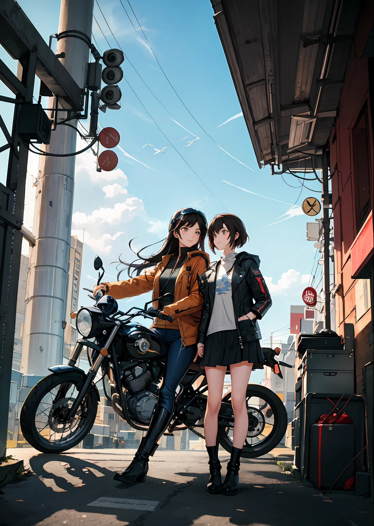 Top quality, masterpiece, high resolution, two beautiful girls, black hair long hair, forehead, brown hair shortcut, fluttering hair, travel, motorcycle, touring, two seater, smile SR400, horizon, continent, country road, flight jacket, riders jacket, hood, goggles, helmet, hot pants, mini skirt, knee support, boots, clear weather, blue sky,