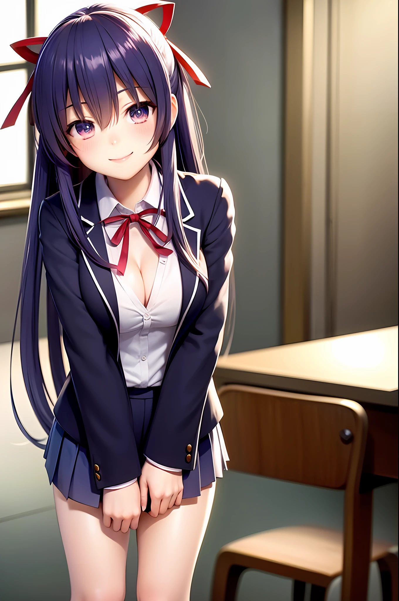 Yatogami tohka, school uniform, blazer, cleavage, medium breasts, best quality, long hair, pony tail, red ribbon hair, masterpiece, highres, best quality, blush, smile shy, sexy pose, indoor, chair, classroom, window, pleated skirt, stocking, thighhigh,