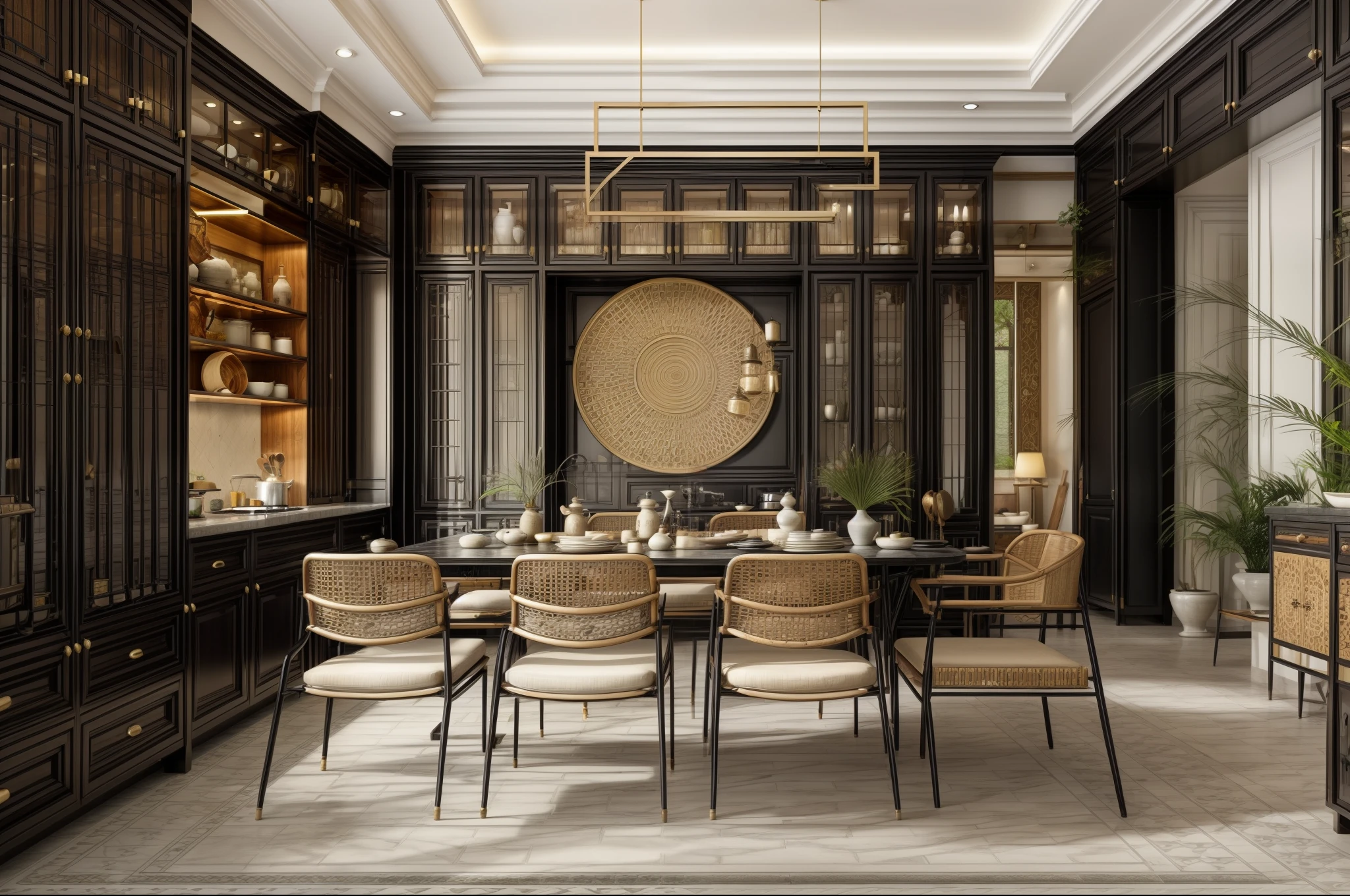 (indochina design kitchen and eating space:1.3), (full black funiture :1.3) (photo realisstic:1.2), (supper detail:1.2),1bed, 1 chair, 1 big tropical poster on the wall, indochina style of 1 chair, indochina style of cabinet, orange wall, indoor, whiten light, indochina style dining chair made from wood and rattan, The floor is paved with cement tiles in the oriental style, The ceiling molding system is in the style of Indochinese style furniture, cinematic lighting