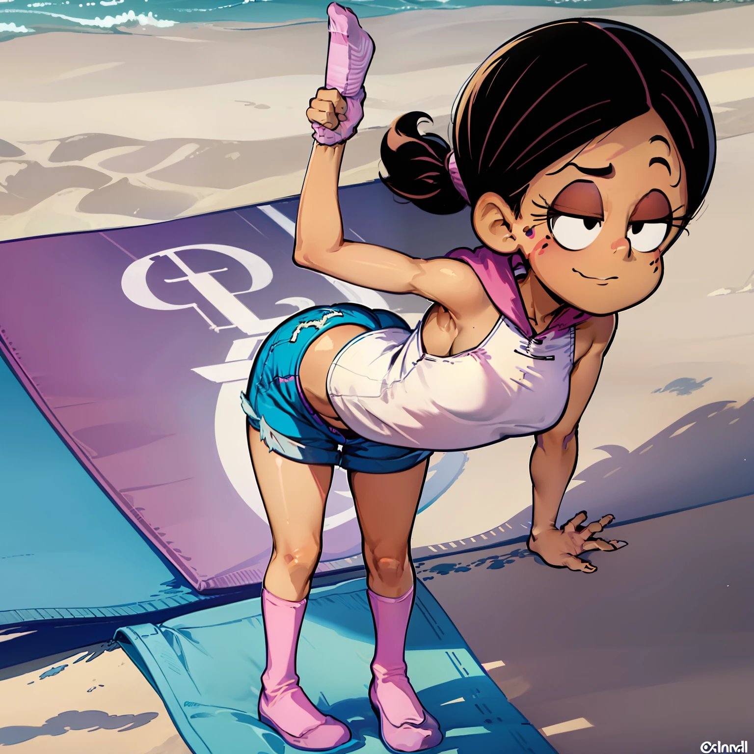 Ronnie Anne, hoodie, shorts, black eyes, ponytail, tanned skin, full body, curvy arms, defined legs, beautiful, pose, in the beach, long socks, curvilinear legs. one leg raised the other on the floor