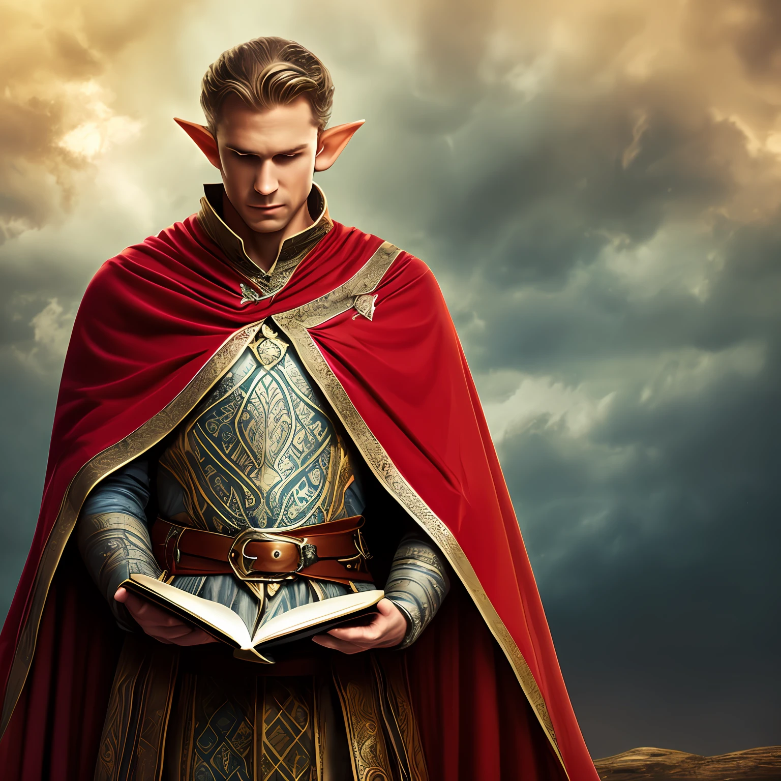 elf, royal, the thinker, red cape, silver hair, thin, duke, solo, male, hand on chin, long braided hair, clothes of nobility, pompous, skinny, holding magic book