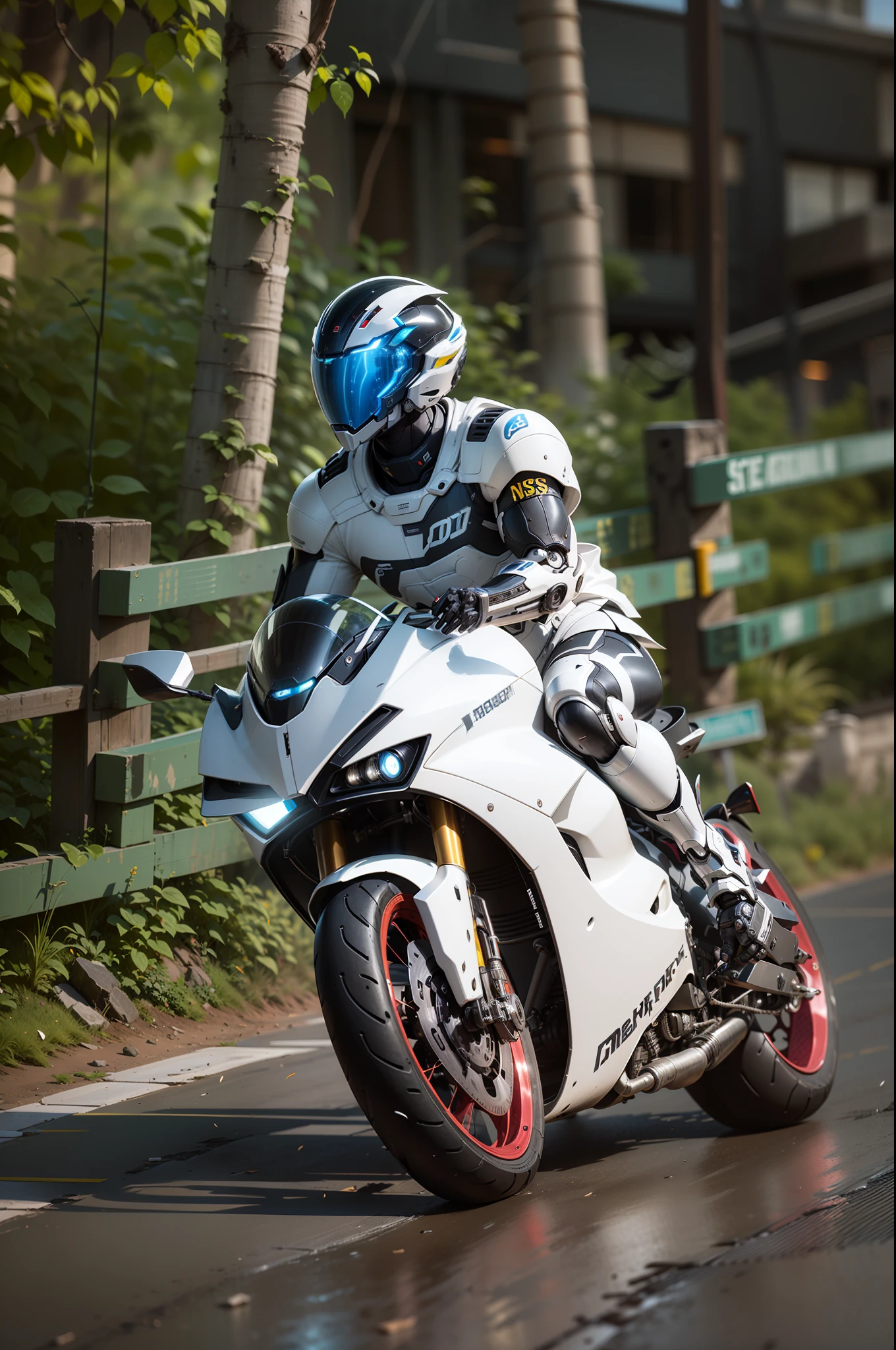 Strong and handsome full body mecha cyber handsome warrior, white cyber mechanical motorcycle, high-tech black high-tech helmet, Nousr, biomechanics, MSHN robot man, high-tech helmet, surreal, steel, intricate design, crazy details, fine details, extremely clear lines, cinematic lighting, photo realistic, detailed masterpiece