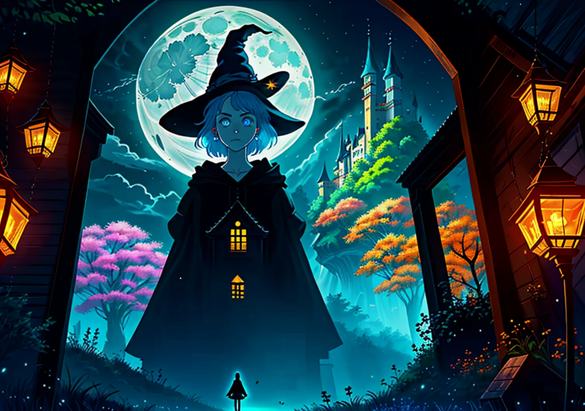 closeup portrait of a girl in a witches hat standing in foreground a towering (medieval castle) in the background at night with a full moon in the sky, oil painting, magical atmosphere, a storybook illustration, fantasy art, bare_tree, ((black_cat)), blue_eyes, building, castle, clouds, crescent_moon, earrings, fantasy, flower, full_moon, ghost, glowing, Halloween, hat, hood, house, jewelry, lantern, leaf, moonlight, night, night_sky, outdoors, planet, plant, scenery, shooting_star, sky, solo, star_\(sky\), starry_sky, tower, tree, window, witch, (studio Ghibli style)