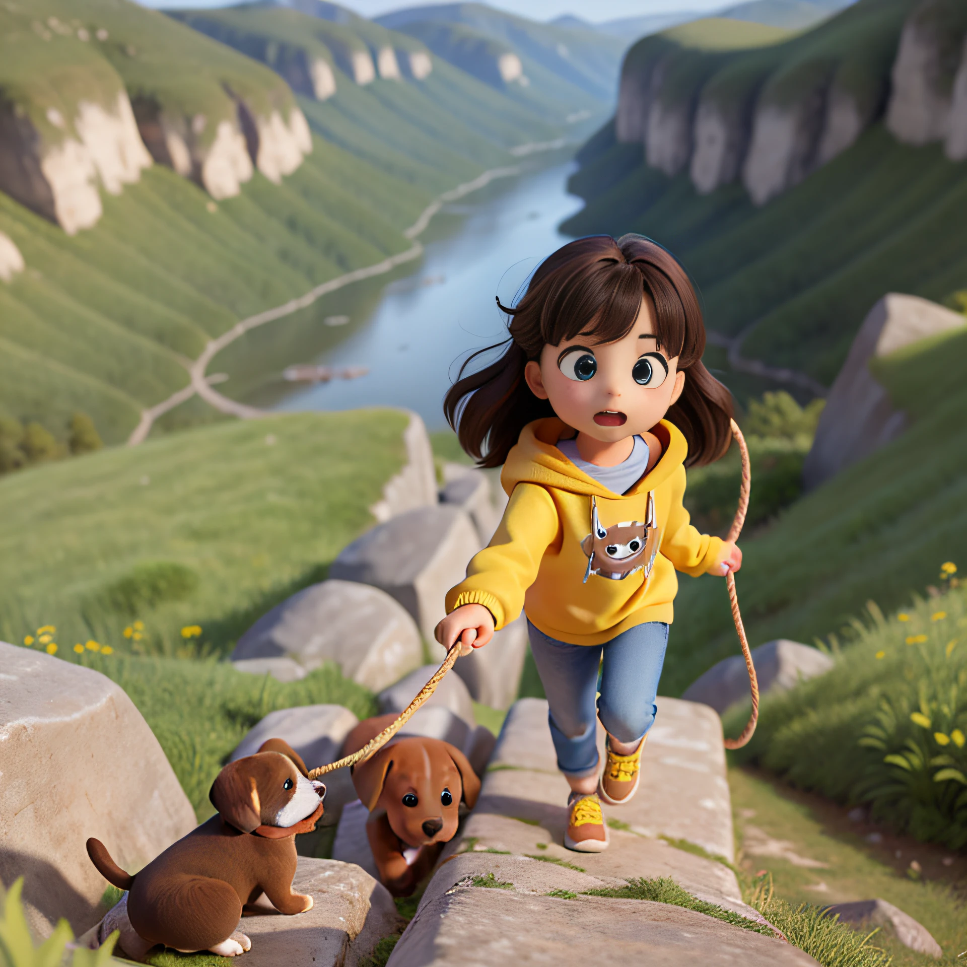 4 year old girl with yellow sweatshirt, hair (((long))) dark brown, climbing a mountain with a rope and a (((puppy)))