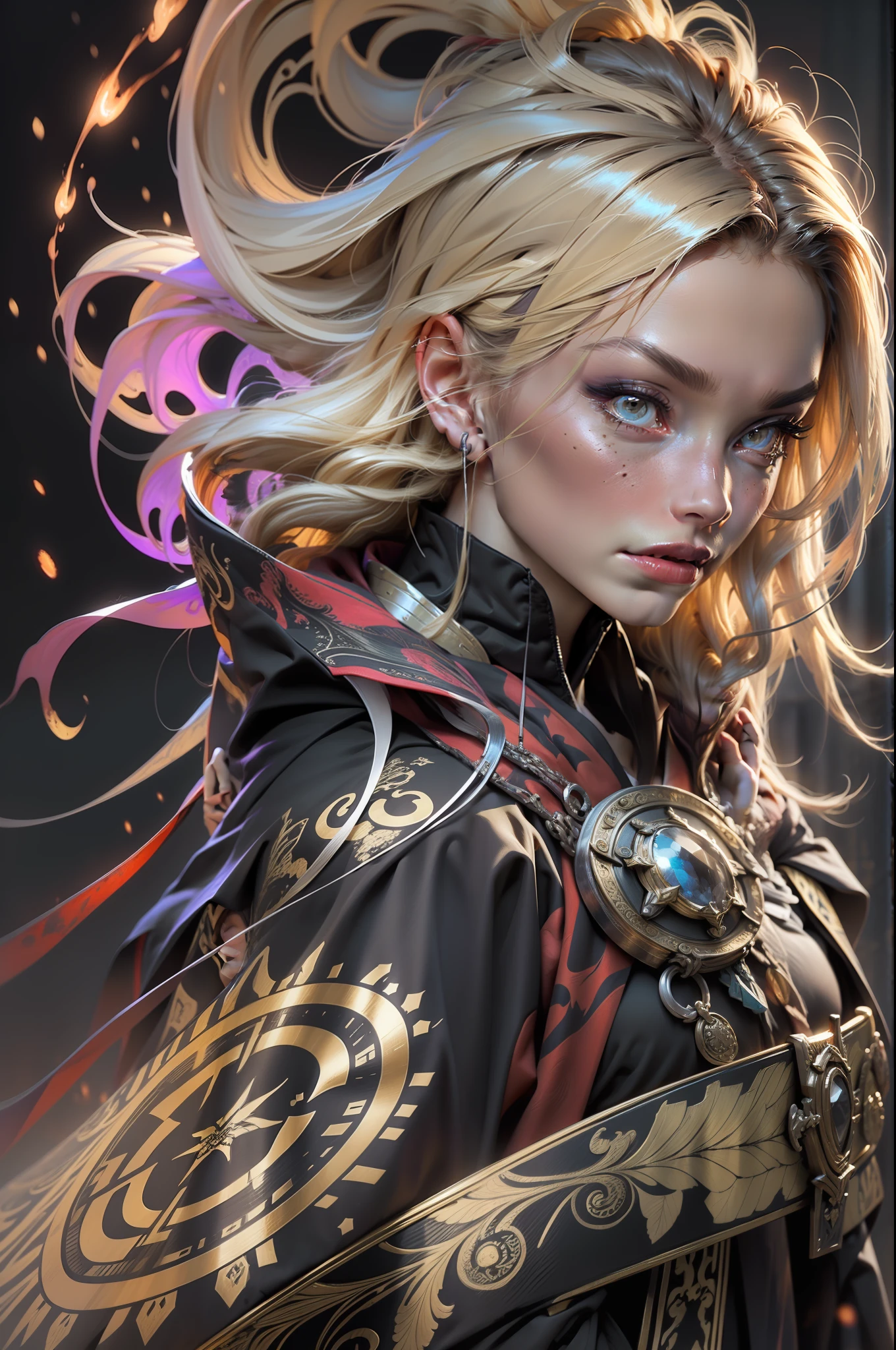 Scarlet witch blonde black robe detail in purple and gold, magic robes, black robe standing on the board, painted in arcane style, flowing magic robe, flowing robes, epic mage character,long robes, fantasy robe,spell pose,((detailed face)),((detailed pores)), magic circle in the background