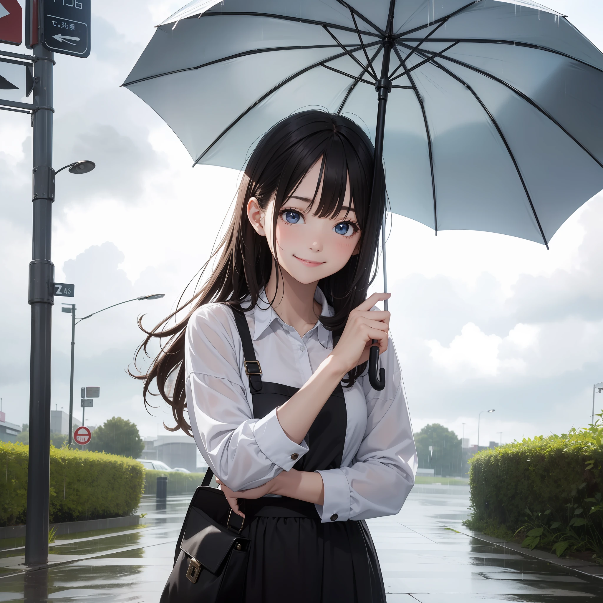 good morning, cloudy sky, heavy rain, smiling, cute girl, round face, holding umbrella