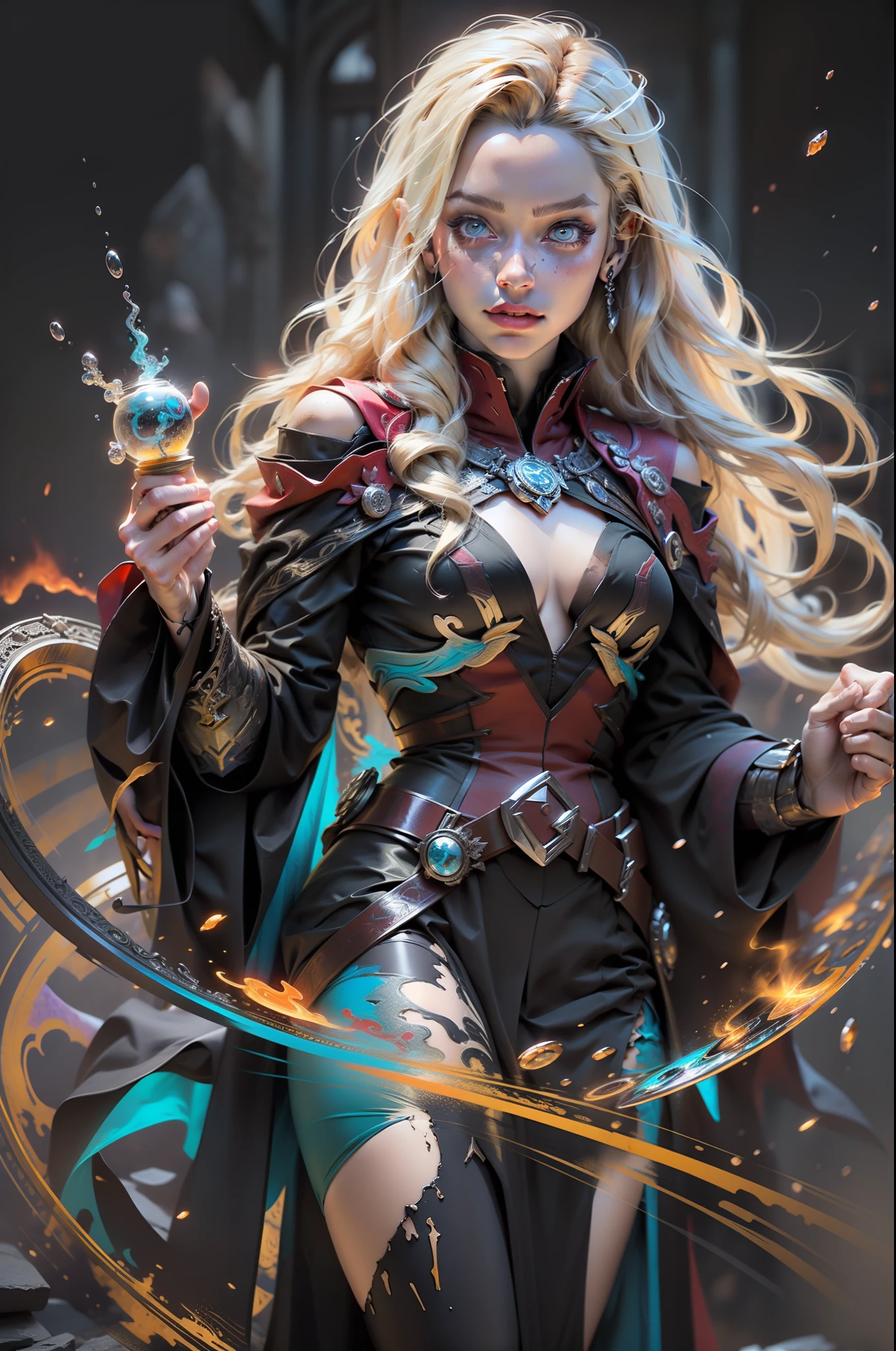 Scarlet witch blonde black robe detail in purple and gold, magic robes, black robe standing on the board, painted in arcane style, flowing magic robe, flowing robes, epic mage character,long robes, fantasy robe,spell pose,((detailed face)),((detailed pores)), magic circle in the background